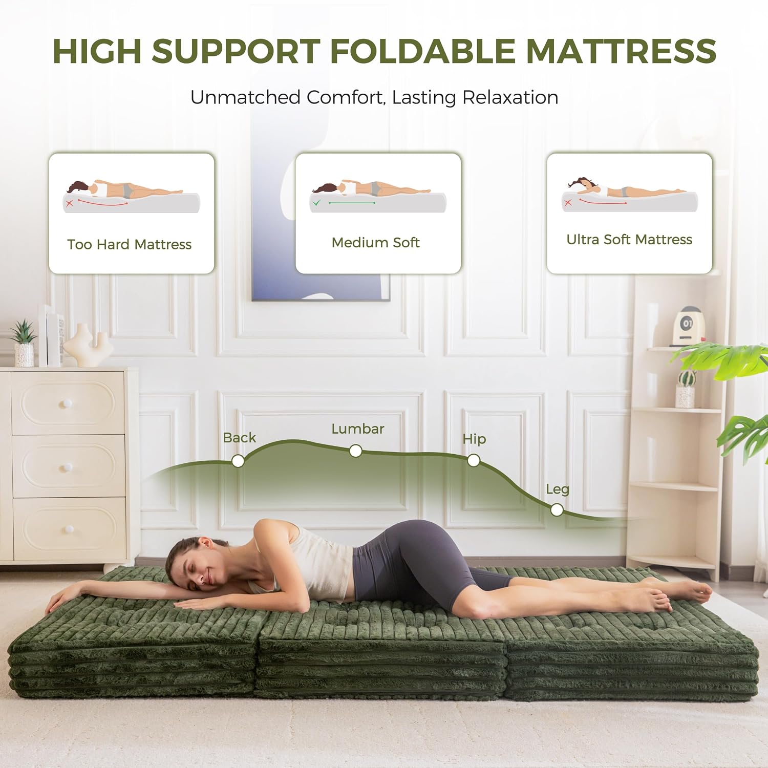 MAXYOYO Floor Sofa Couch, 6 Inch Tri-Fold Floor Sofa Bed, Folding Mattress with Handles, Soft Faux Fur Folding Bed with Supportive Foam Filling, Portable Couch for Living Room, Full, Dark Green