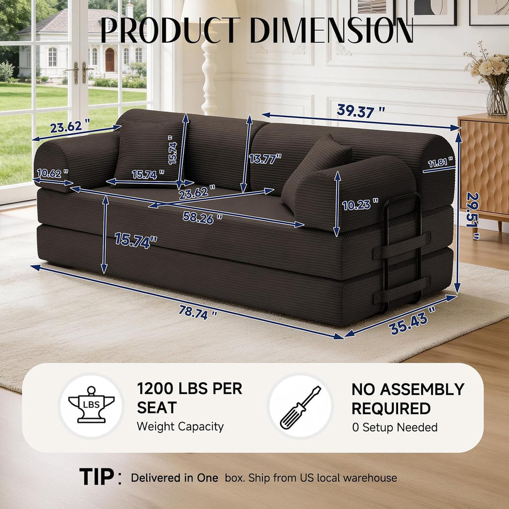 78.8' Convertible Sofa Bed with Detachable Arm Pillow, 6-in-1 Sectional Couches for Living Room, Corduroy Boneless Couch, Sleeper Loveseat Couch Bed, No Assembly, Brown Couch