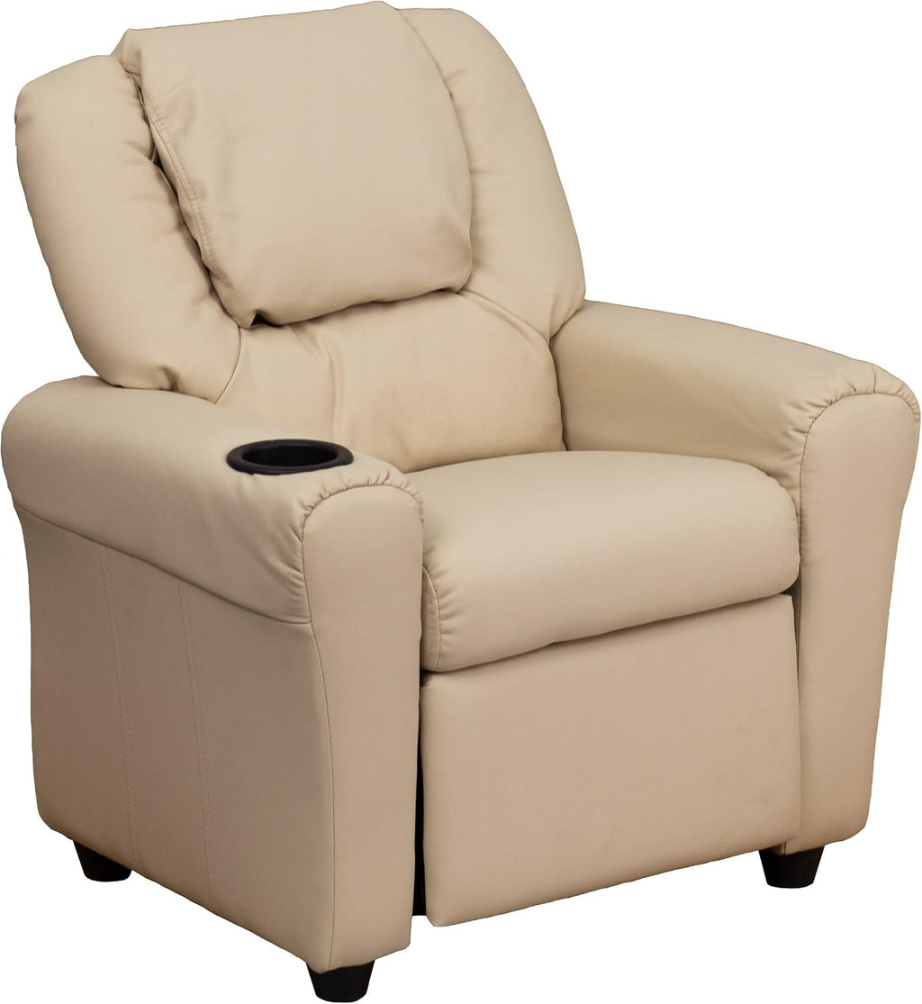 EMMA + OLIVER Beige Vinyl Kids Recliner with Cup Holder and Headrest