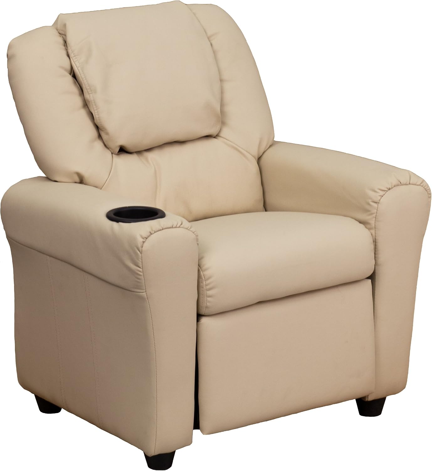 EMMA + OLIVER Beige Vinyl Kids Recliner with Cup Holder and Headrest