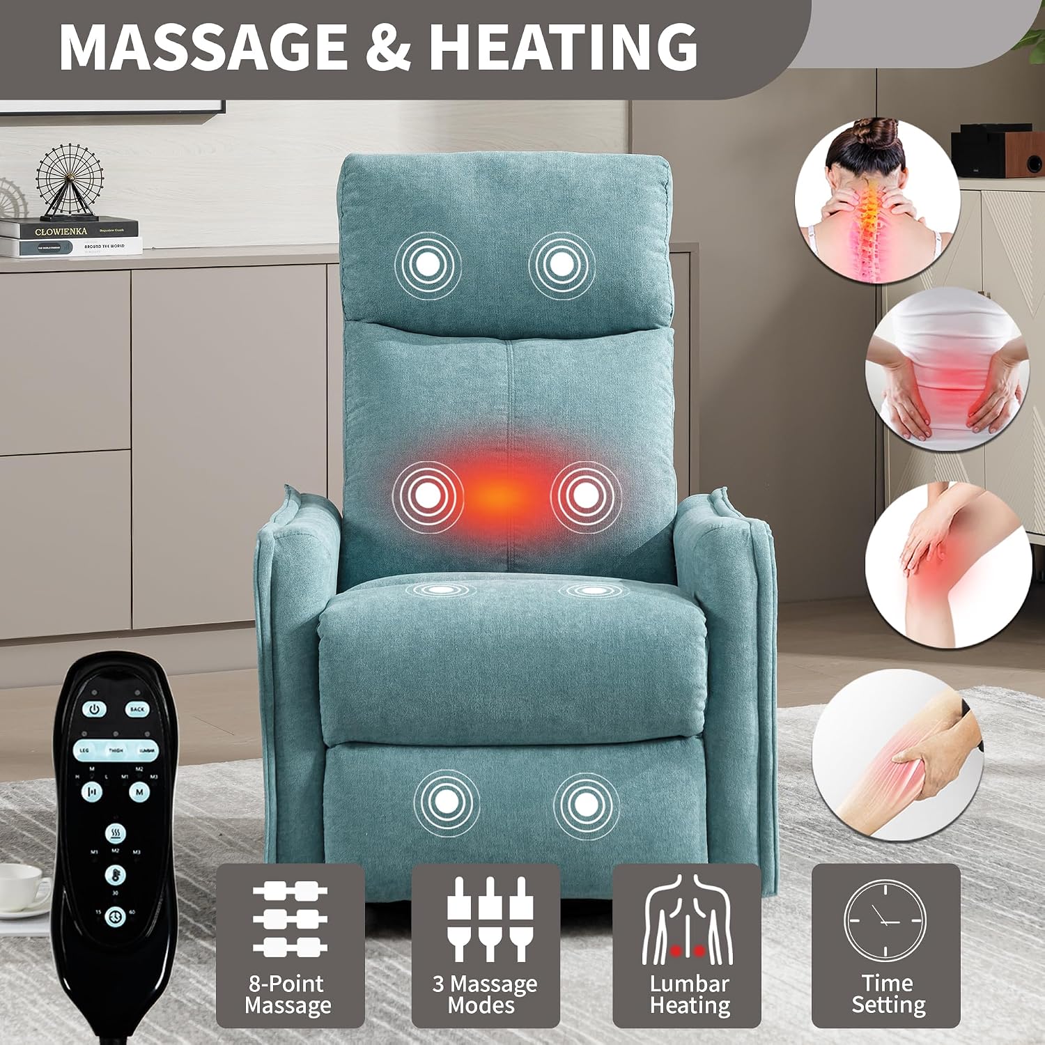 Massage Chair Recliner with Heat, 360° Swivel Glider Rocker with Reclining Backrest and Footrest, Manual Lazy Boy Recliners for Adults, Modern Nursery Rocking Chairs (Antique Blue Green)