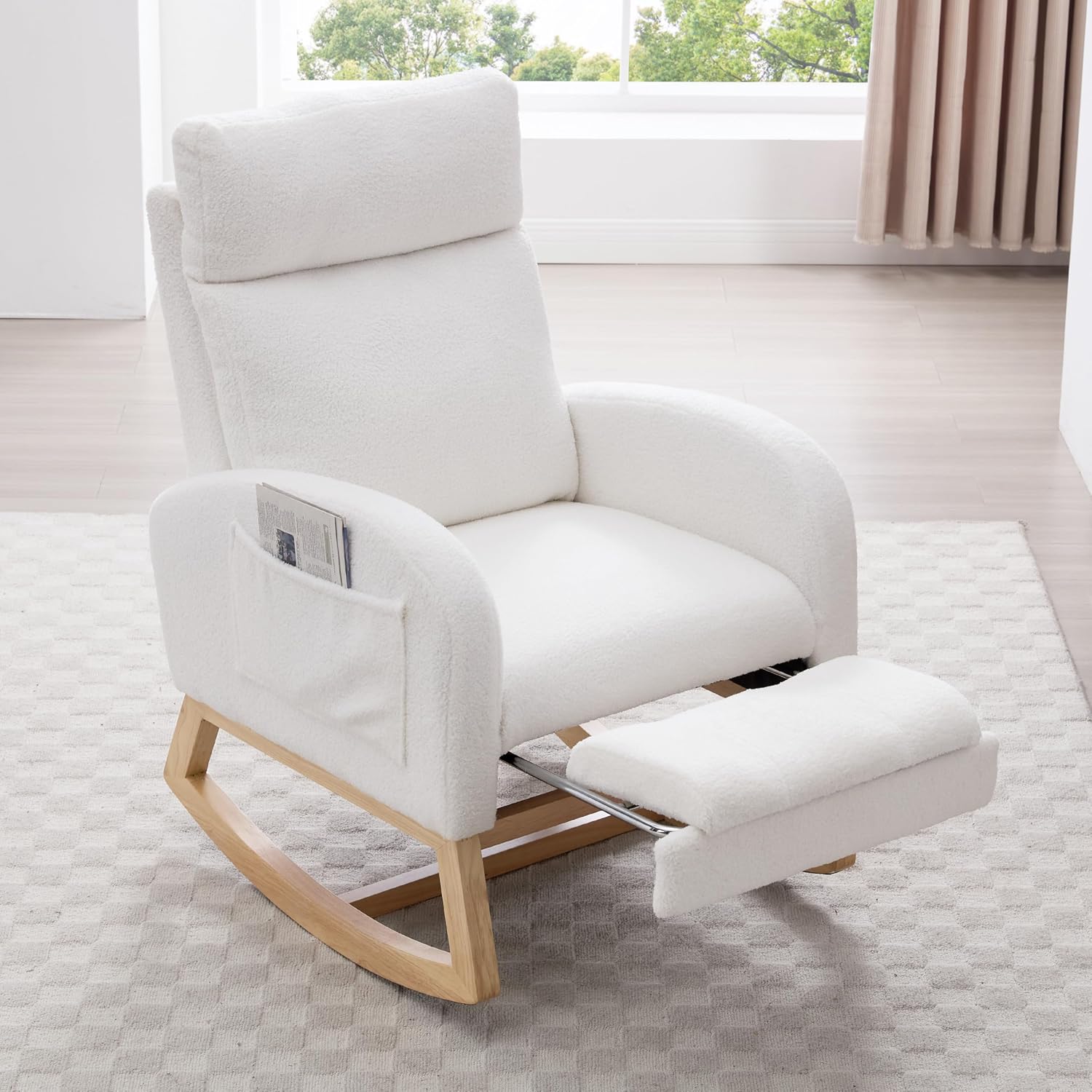 Modern Teddy Fabric Rocking Chair with Footstool, Nursery Rocker with Storage Pocket, High Back Wooden Base, 35-49 inch Length (Ivory, B)