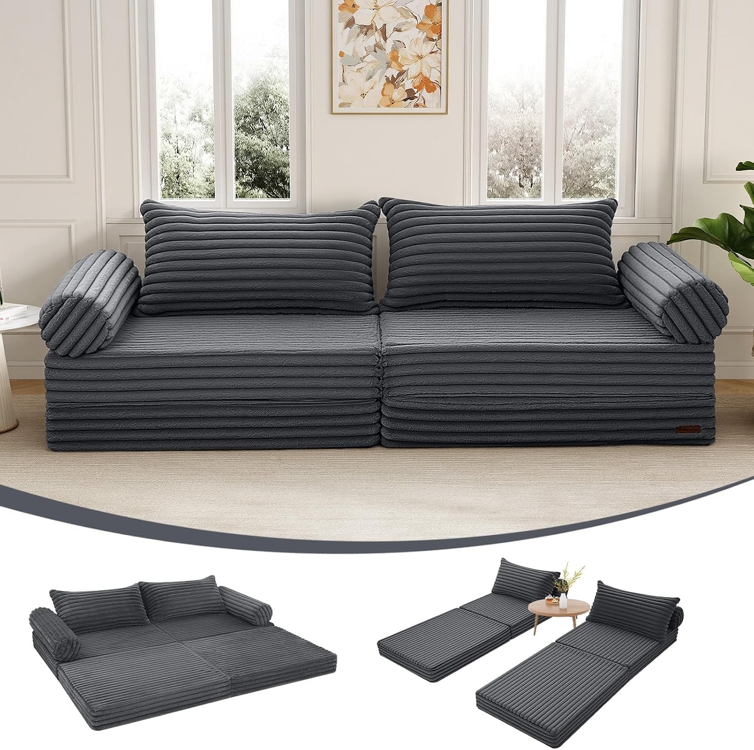 MeMoreCool Convertible Sofa Bed, Folding Floor Couch Bed Queen, Pull Out Sleeper Couch with Pillows, Fold Out Futon Sofa for Bedroom Living Room Small Space, Corduroy Grey