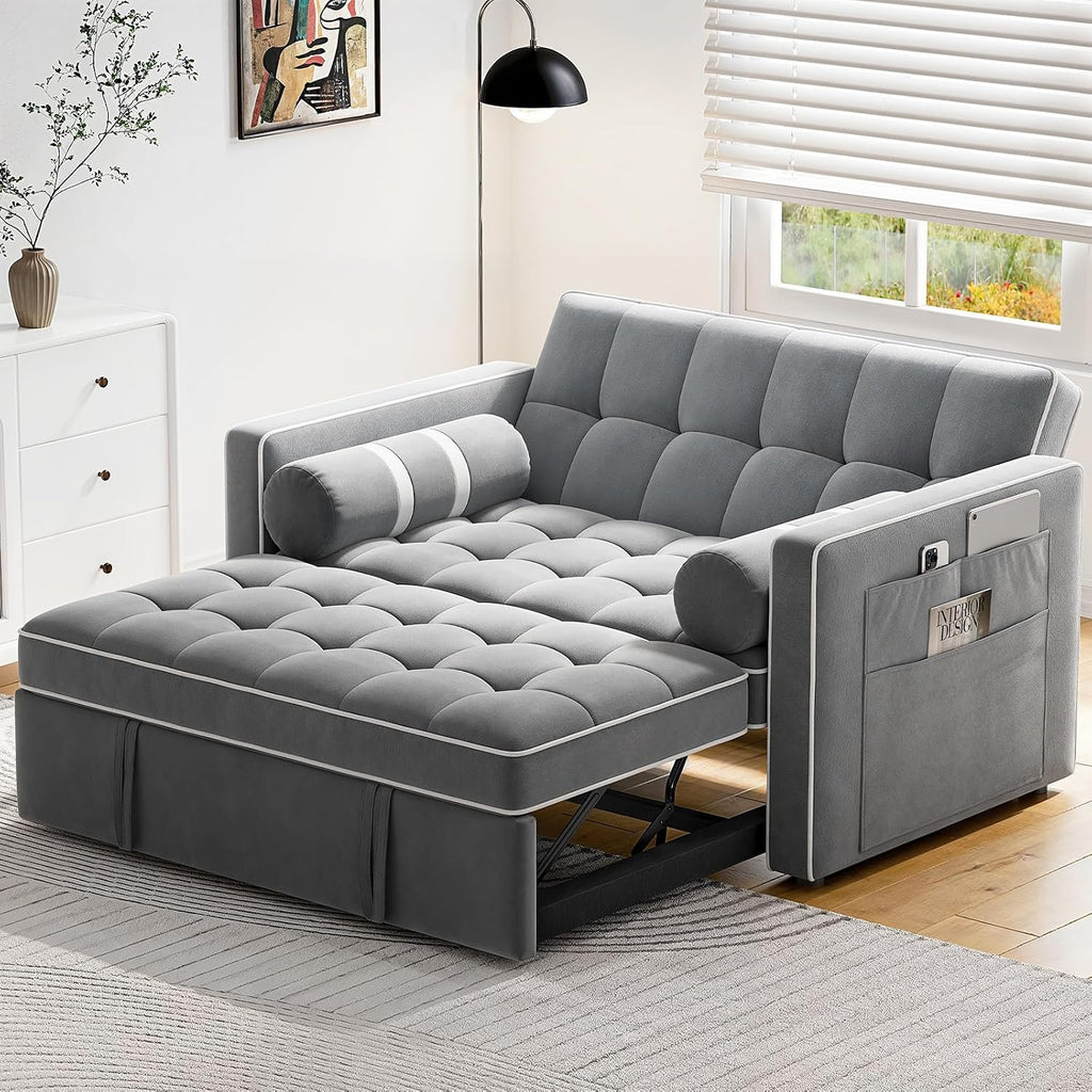 Pipishell 3 in 1 Convertible Sleeper Sofa Bed,Pull Out Couch for Living Room with USB Ports & Side Pockets,Adjustable Backrest,Velvet,Loveseat Sofa Bed,Futon Couches, Grey