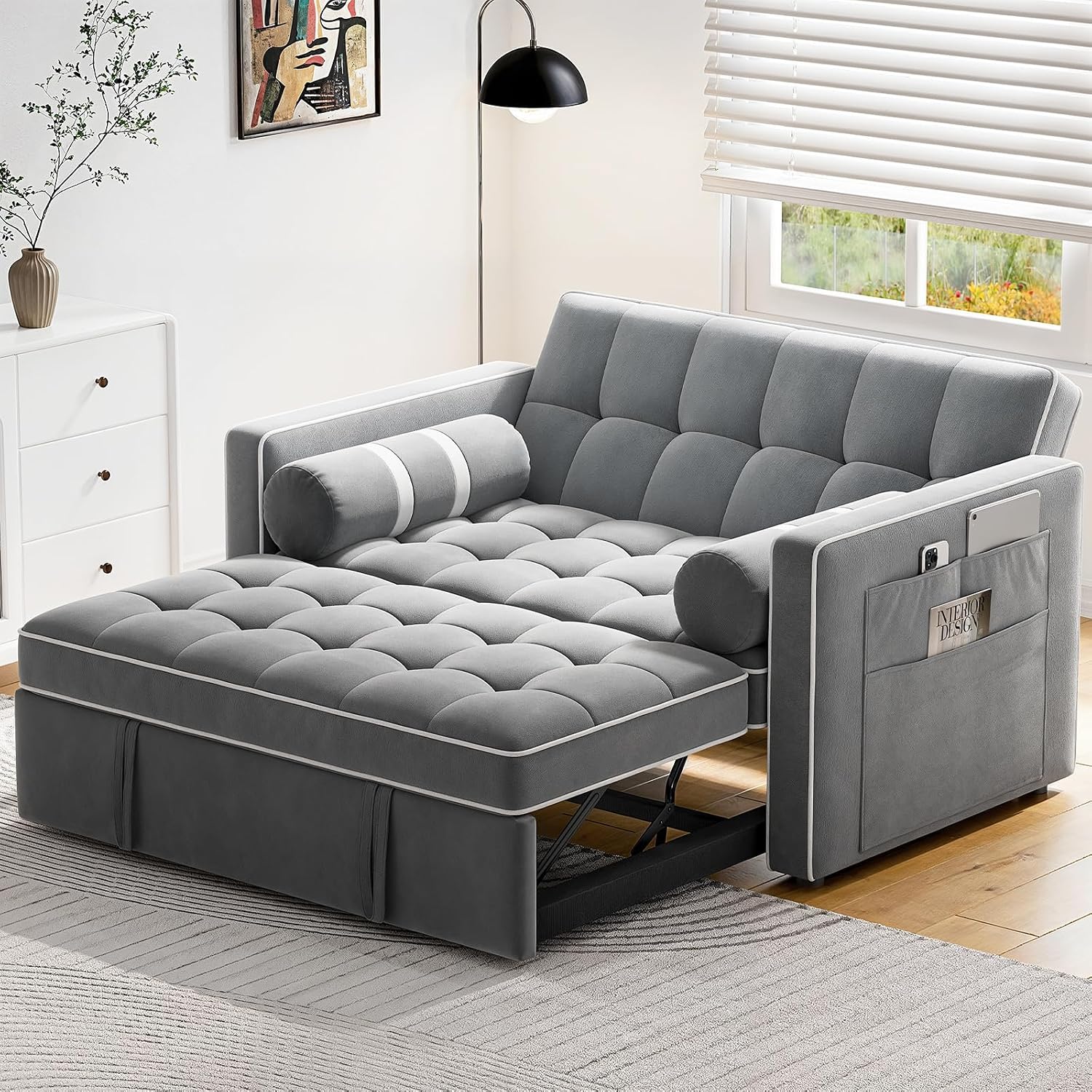 Pipishell 3 in 1 Convertible Sleeper Sofa Bed,Pull Out Couch for Living Room with USB Ports & Side Pockets,Adjustable Backrest,Velvet,Loveseat Sofa Bed,Futon Couches, Grey