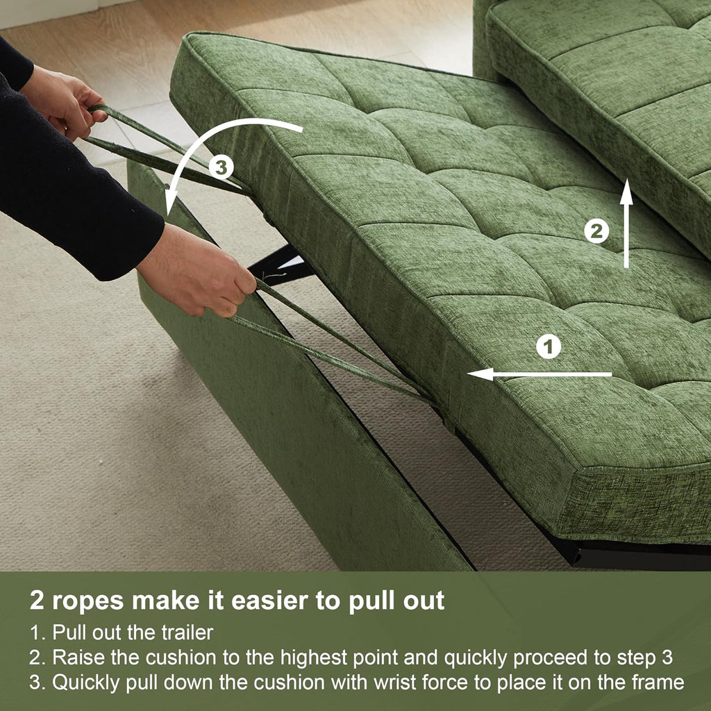 Tbfit 57' Loveseat Sleeper Convertible Sofa Bed, Futon Couch with Pullout Bed, USB & Adjustable Backrest, Chenille Queen Size Pull Out Couches for Living Room, Apartment, Office, Dorm, RV, Green