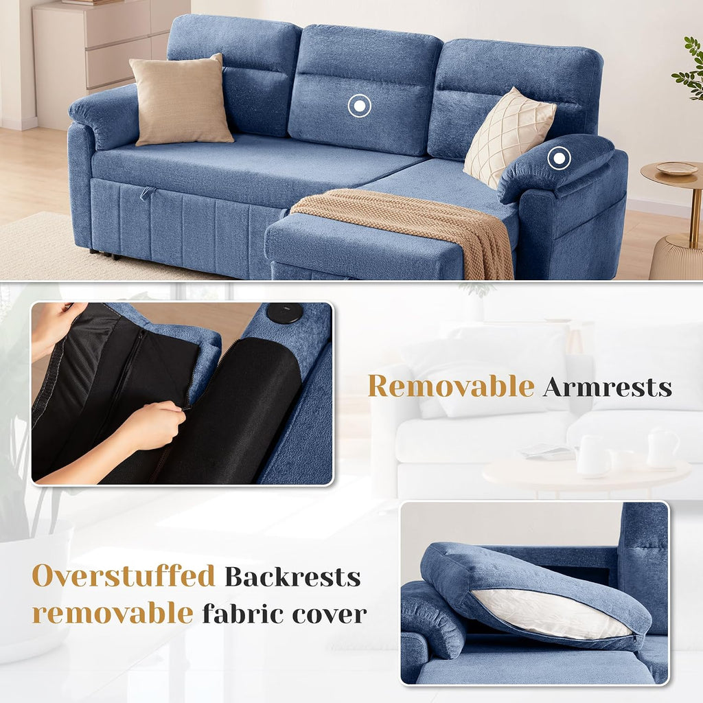 Tbfit 84'' Sleeper Sofa Bed, 3 in 1 Cloud Pull Out Sofa Couch with USB & Storage Chaise, Chenille Convertible Sofa Bed with Pull Out Bed, Couches for Living Room, Apartment, Office, Blue