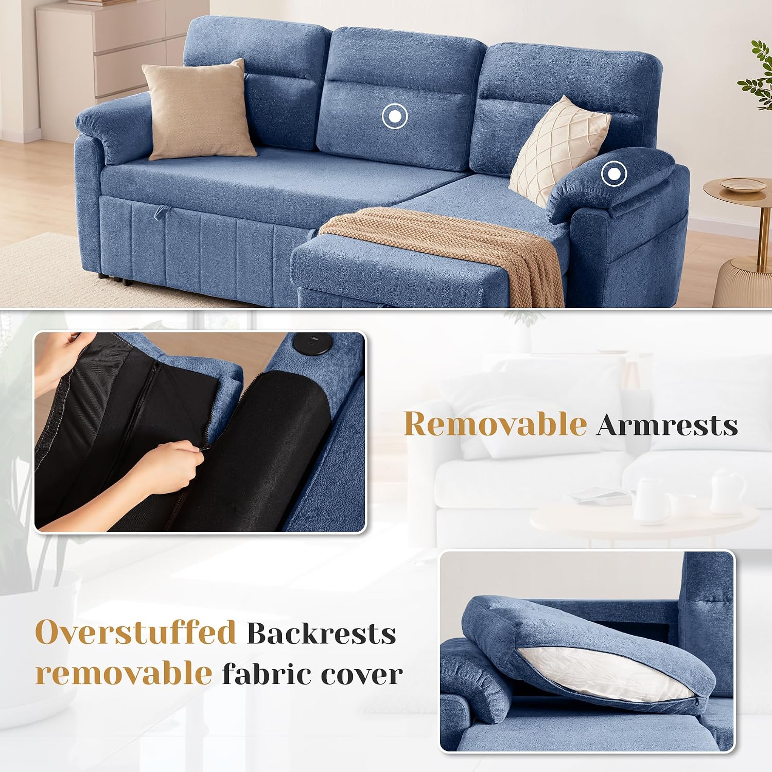 Tbfit 84'' Sleeper Sofa Bed, 3 in 1 Cloud Pull Out Sofa Couch with USB & Storage Chaise, Chenille Convertible Sofa Bed with Pull Out Bed, Couches for Living Room, Apartment, Office, Blue