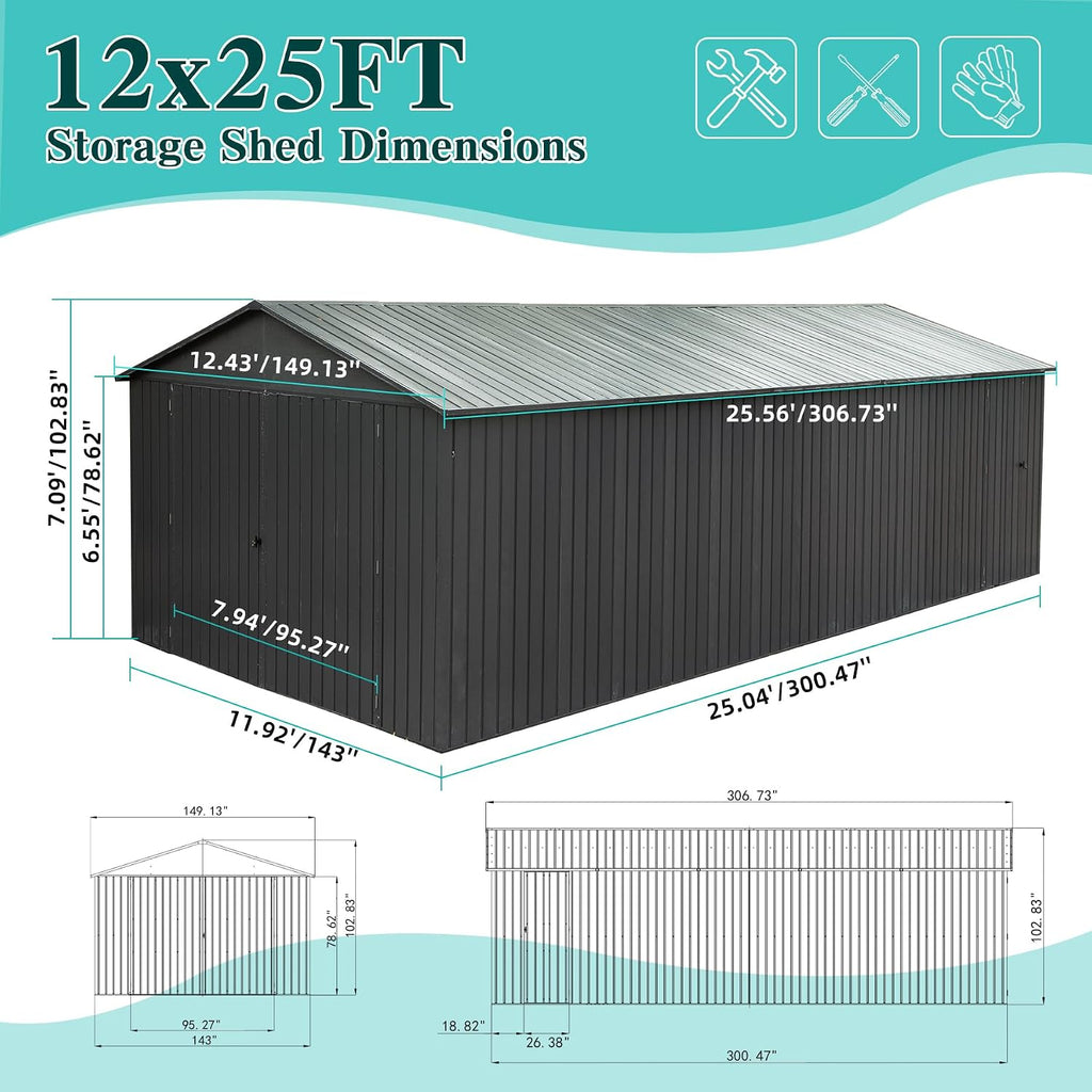 Domi 12x25FT Outdoor Metal Garage Shed, Extra Large Carport with Skylights & Dual-Entry, Backyard Storage Shed for Car, Truck, Lawn Mower and Tool, Dark Grey