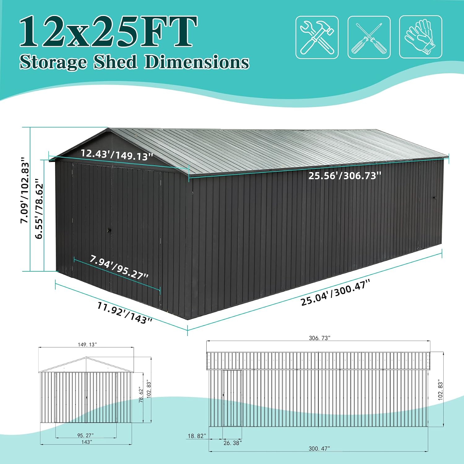Domi 12x25FT Outdoor Metal Garage Shed, Extra Large Carport with Skylights & Dual-Entry, Backyard Storage Shed for Car, Truck, Lawn Mower and Tool, Dark Grey