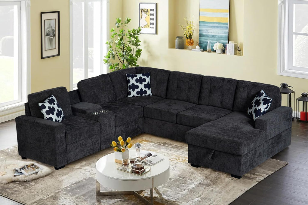 Ball & Cast L-Shape Convertible Sectional Sleeper Sofa Bed 2 in 1 Pull Out Couch with Storage Chaise & Cup Holders,6 Seat Chenille Upholstered Reversible Sleeper Corner Couch for Living Room,Dark Gray