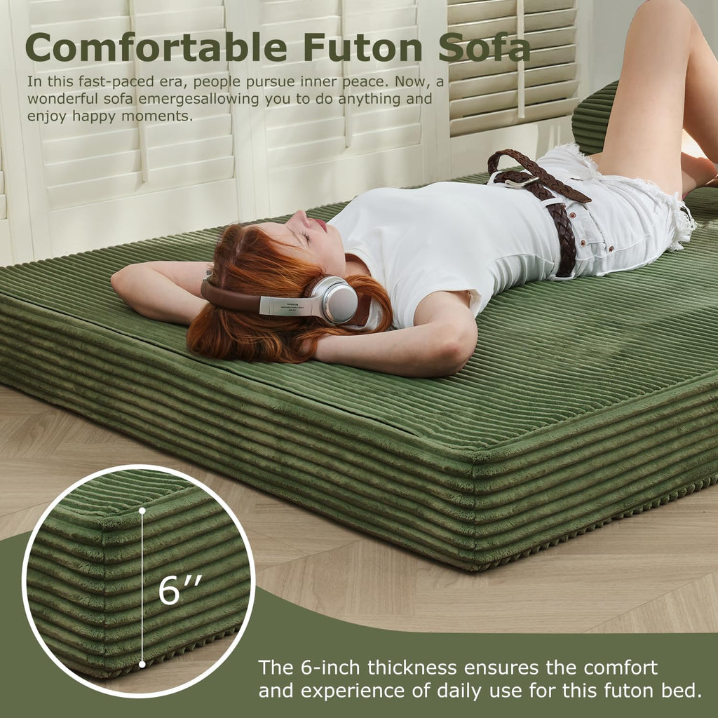 Folding Futon Sofa Bed Full Size, 6 inch Convertible Floor Couch Bed with Removable Corduroy Cover, Pull Out Couch for Small Spaces High-Density Foam,Green