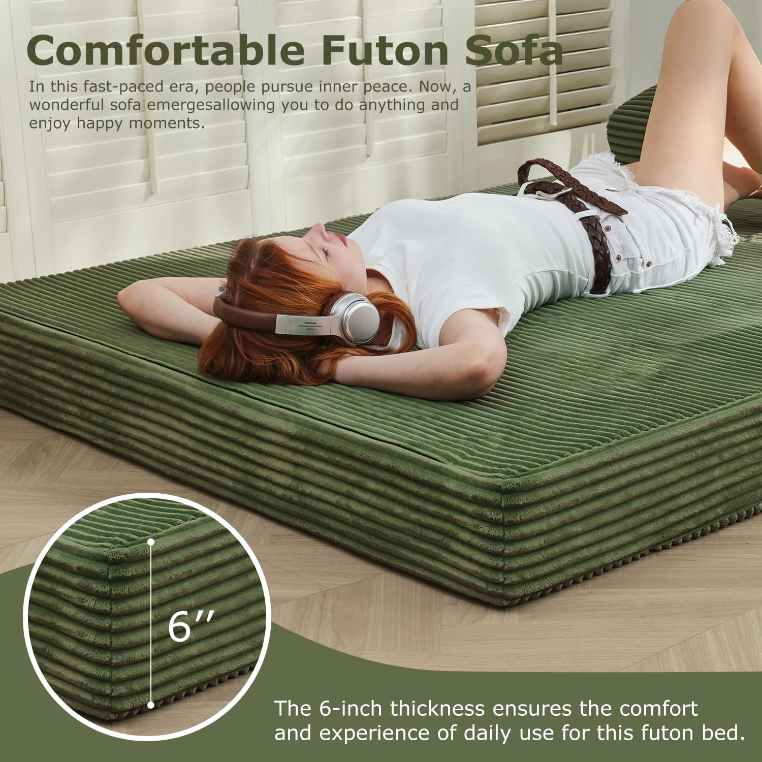 Folding Futon Sofa Bed Full Size, 6 inch Convertible Floor Couch Bed with Removable Corduroy Cover, Pull Out Couch for Small Spaces High-Density Foam,Green