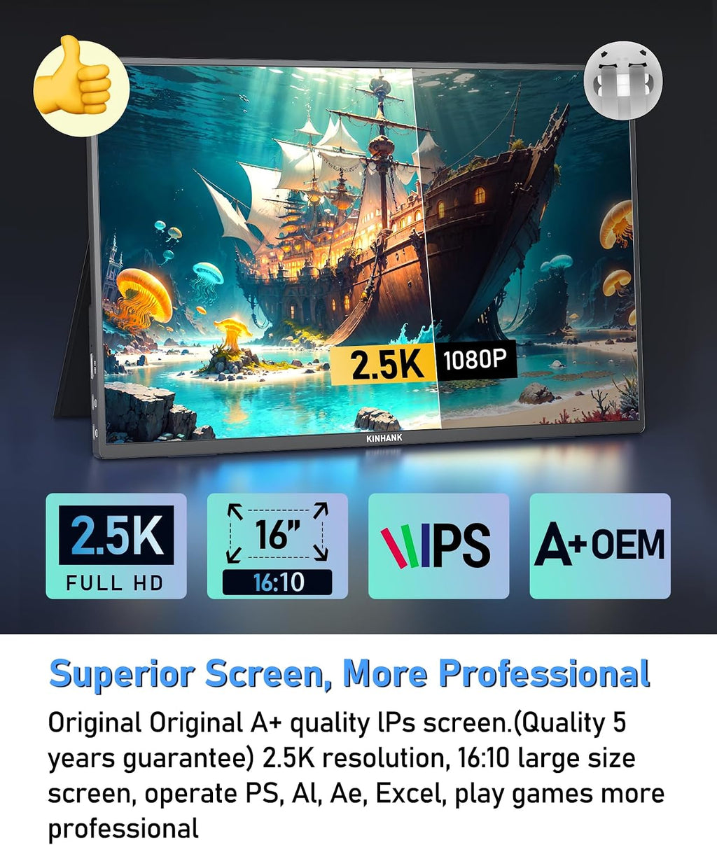2.5K 144Hz Portable Gaming Monitor 16', 2560x1600, Plug & Play, 100% sRGB, 500nits, 16:10, Eye Care Second Computer Display with Speakers for Laptop, PC, Mac, P-S4/5, Sw-tch, X-BO, USB-C/HDMI, (K16G)