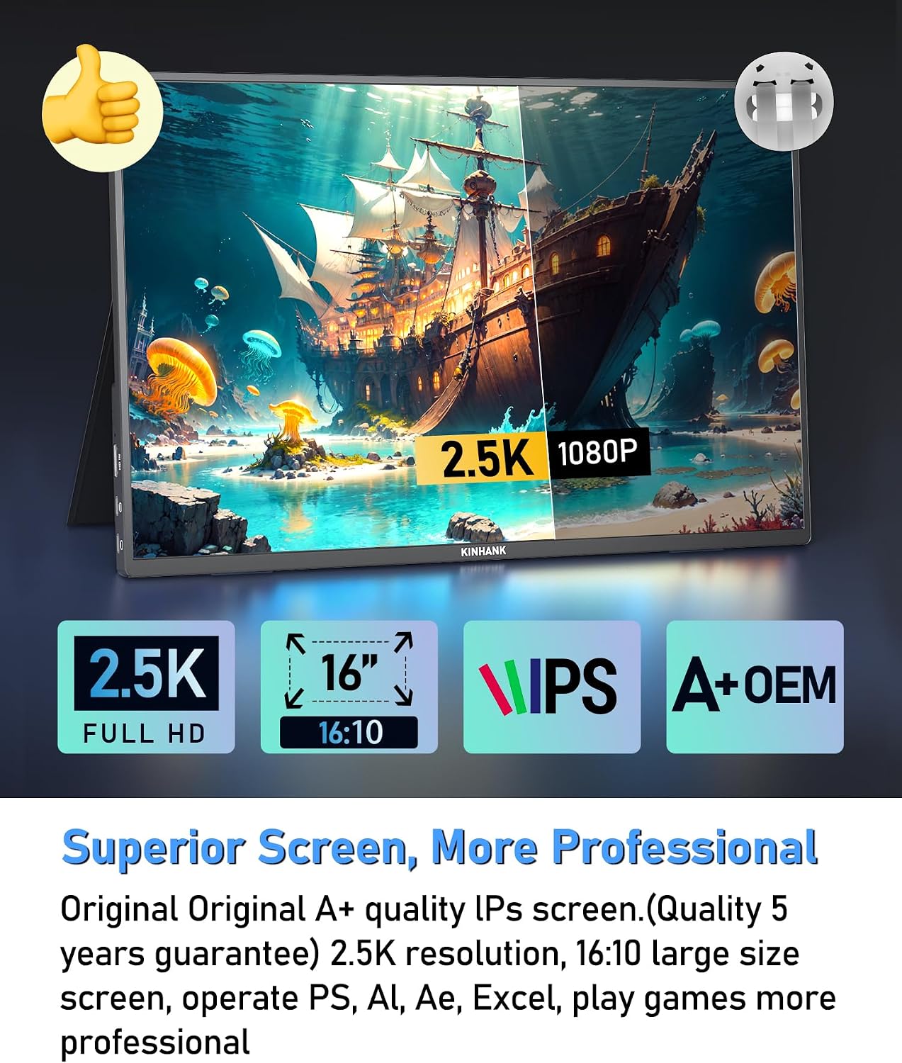 2.5K 144Hz Portable Gaming Monitor 16', 2560x1600, Plug & Play, 100% sRGB, 500nits, 16:10, Eye Care Second Computer Display with Speakers for Laptop, PC, Mac, P-S4/5, Sw-tch, X-BO, USB-C/HDMI, (K16G)