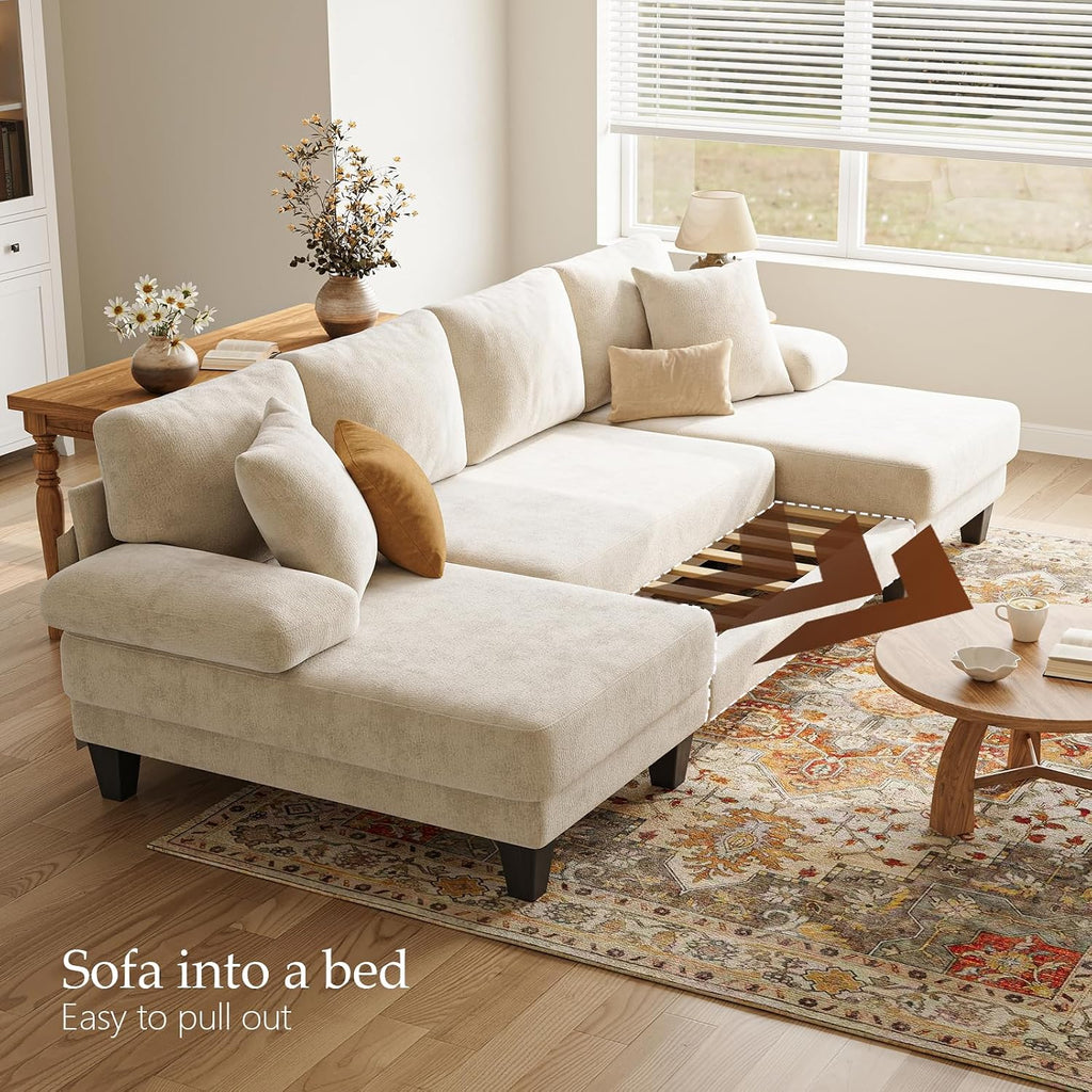 Txtin's Sleeper Sofa with Pull Out Couch Bed | 112 Inch Couches for Living Room | U-Shaped Convertible Sofa Bed | Chenille Warm White