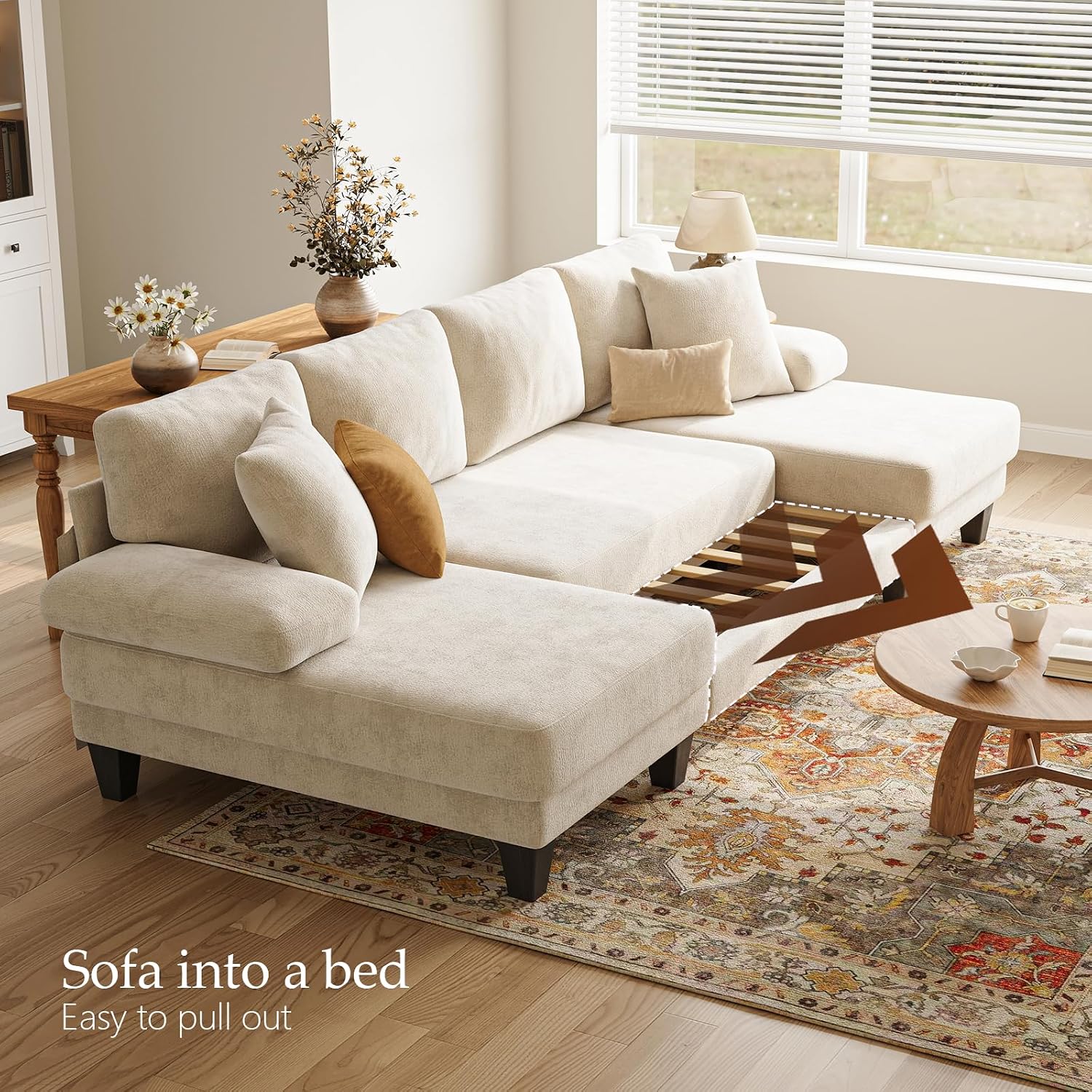 Txtin's Sleeper Sofa with Pull Out Couch Bed | 112 Inch Couches for Living Room | U-Shaped Convertible Sofa Bed | Chenille Warm White