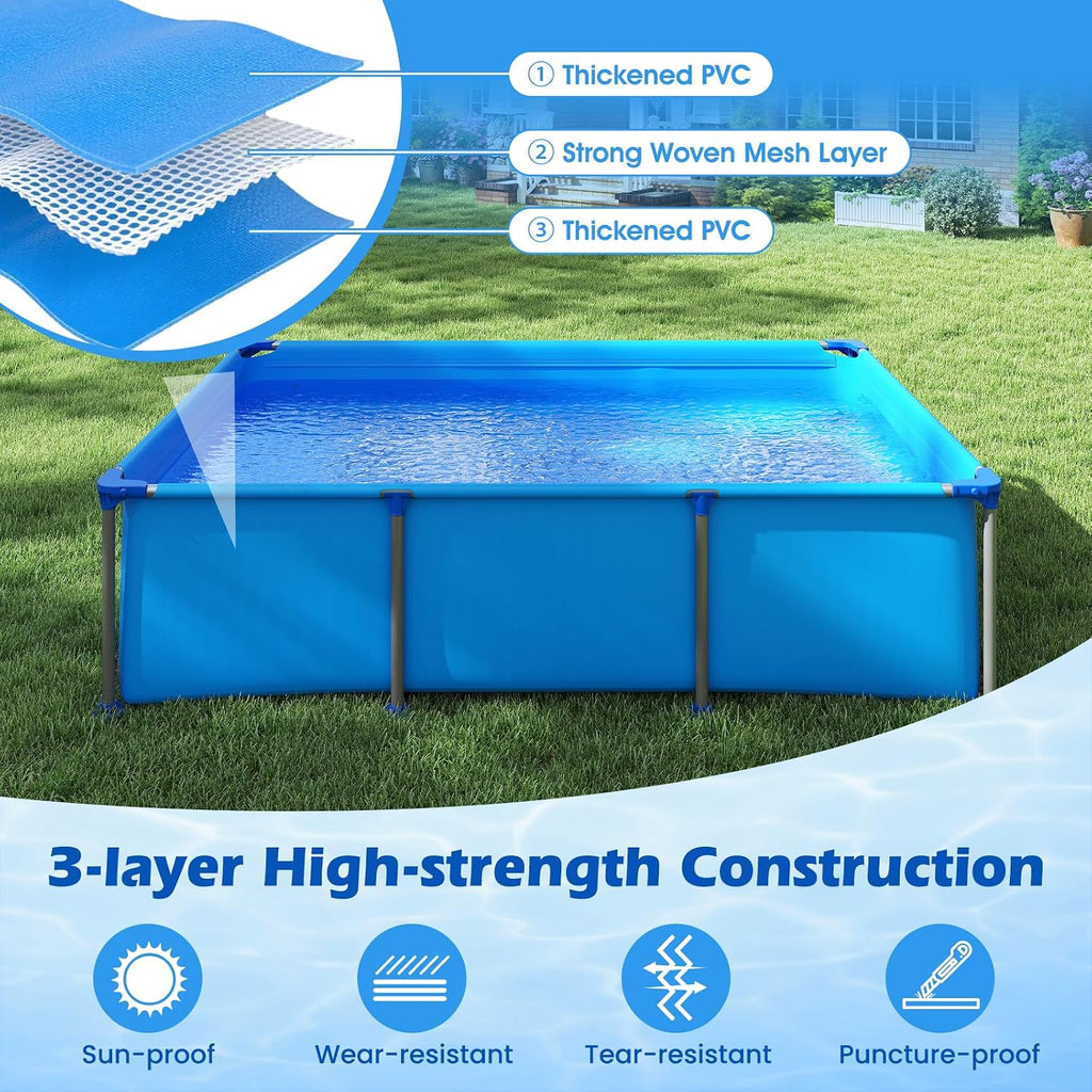 GYMAX 8.5' x 6' x 26' Metal Frame Above Ground Swimming Pool, Outdoor Backyard Famliy Pool w/Puncture-Resistant Fabric, Drainage Valve Connector for Kids & Adults (8.5' x 6' x 26', Rectangle, Blue)