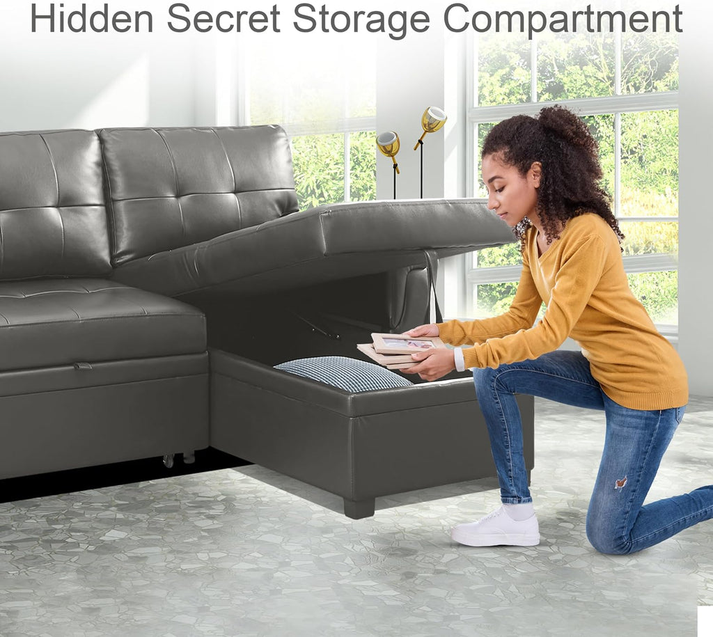 Naomi Home L Shaped Sectional Couch with Storage & Pull Out Bed – 3-in-1 Convertible Sleeper Sofa Bed, Small L Shape Sofa for Living Room, Sofa Bed with Storage Chaise in Gray, Air Leather