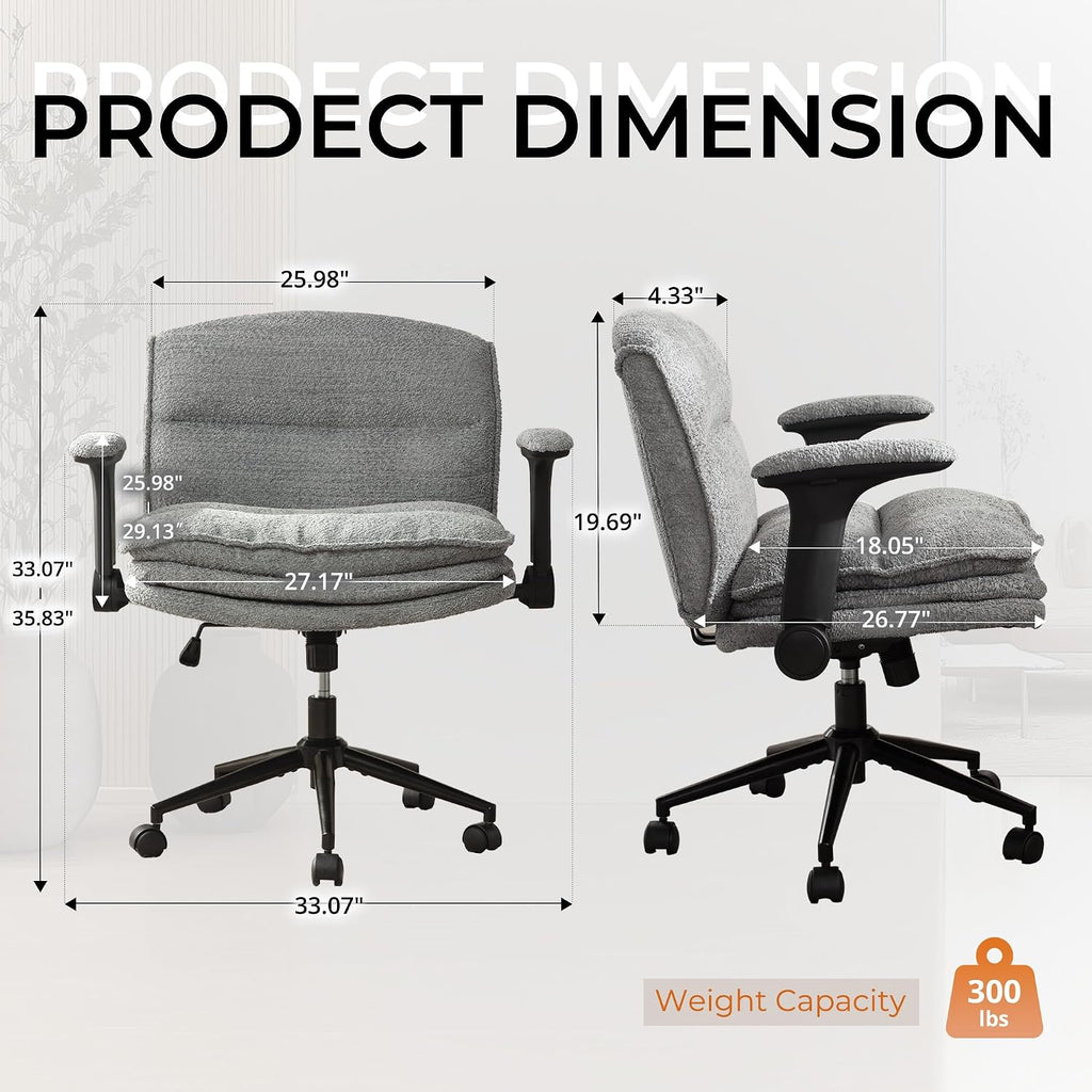 Dowinx Criss Cross Chair with Adjustable Flip-up Arms and Wheels, Comfort Ergonomic Office Desk Armchair with 3 Layer Cushions, Wide Seat Vanity Chair for Home Office, Living Room, Bedroom, Gray