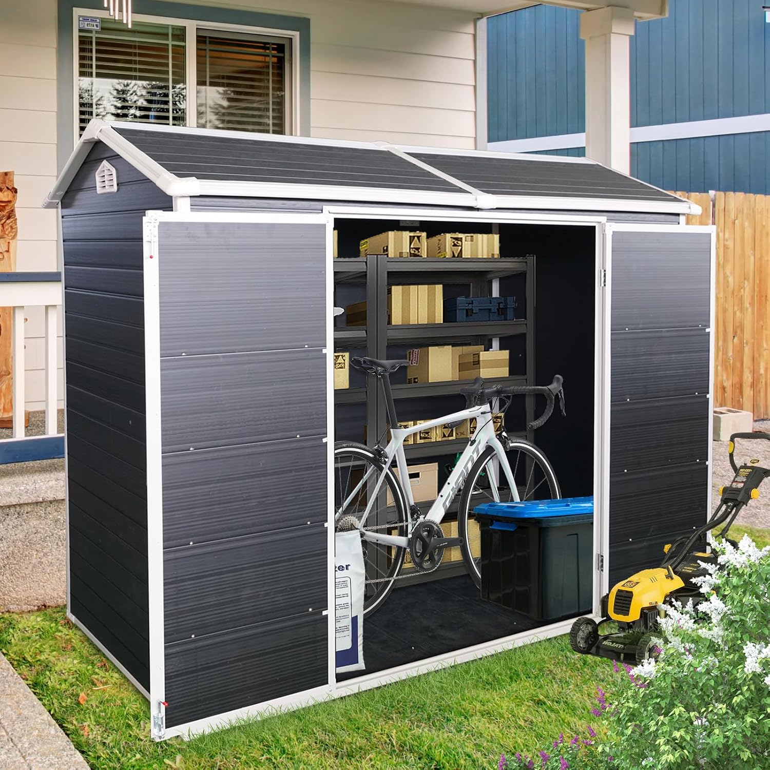 Ball & Cast 4x8 FT Resin Outdoor Storage Shed,Waterproof Garden Organizer Tool House with Floor & Two Windows,Backyard Cabinet w/Lockable Door and Ventilation,Shelter for Car,Bike,Lawnmower,Black
