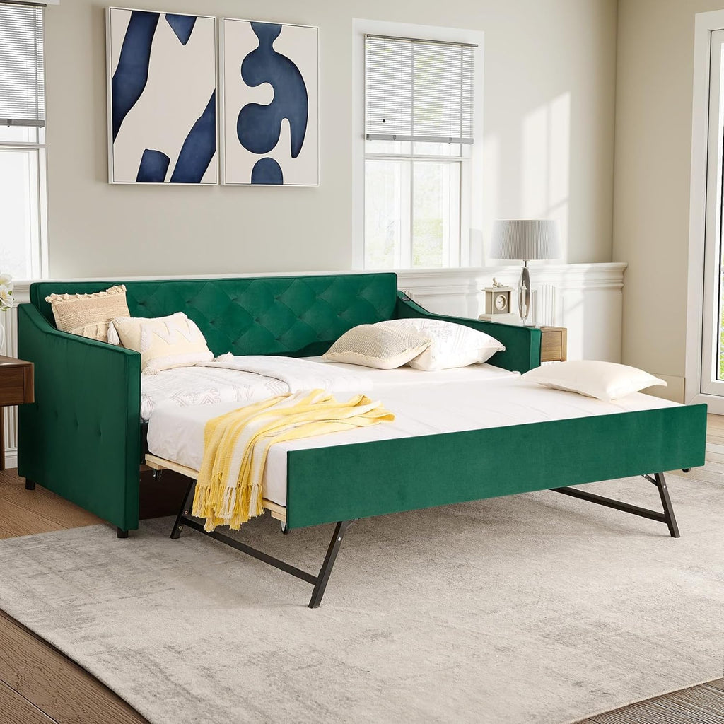 Antetek Daybed with Pop up Trundle, Fabric Upholstered Twin Size Day Bed Pull-Point Sofa Daybed Frame w/Twin Roll-Out Trundle/USB Port, Furniture for Bedroom, Living Room, Guest Room, Green