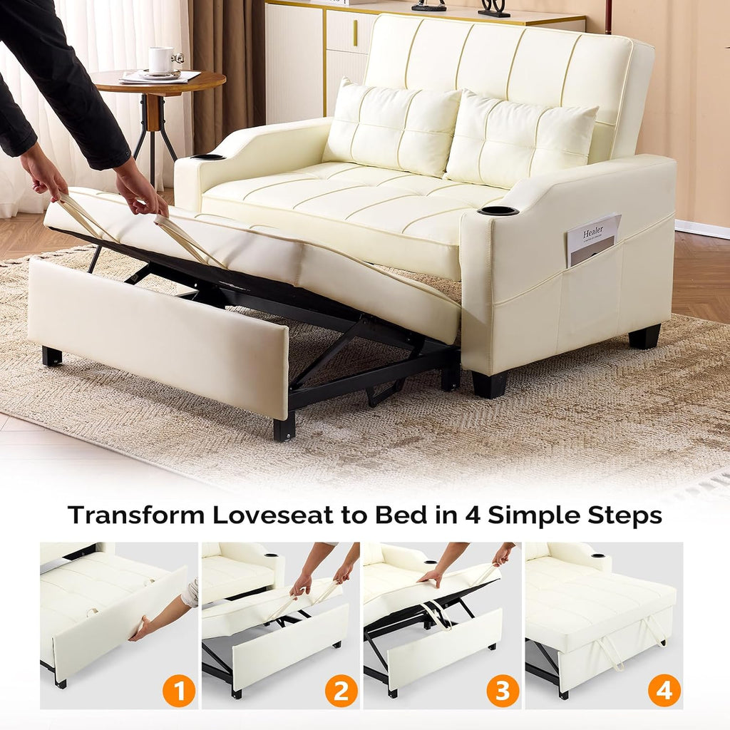 VINGLI Beige Loveseat Sleeper Sofa, Convertible Futon Sofa Bed Pullout Couch Bed with USB Ports, Cup Holders, Armrest for Living Room, Bedroom, Home Office Apartment