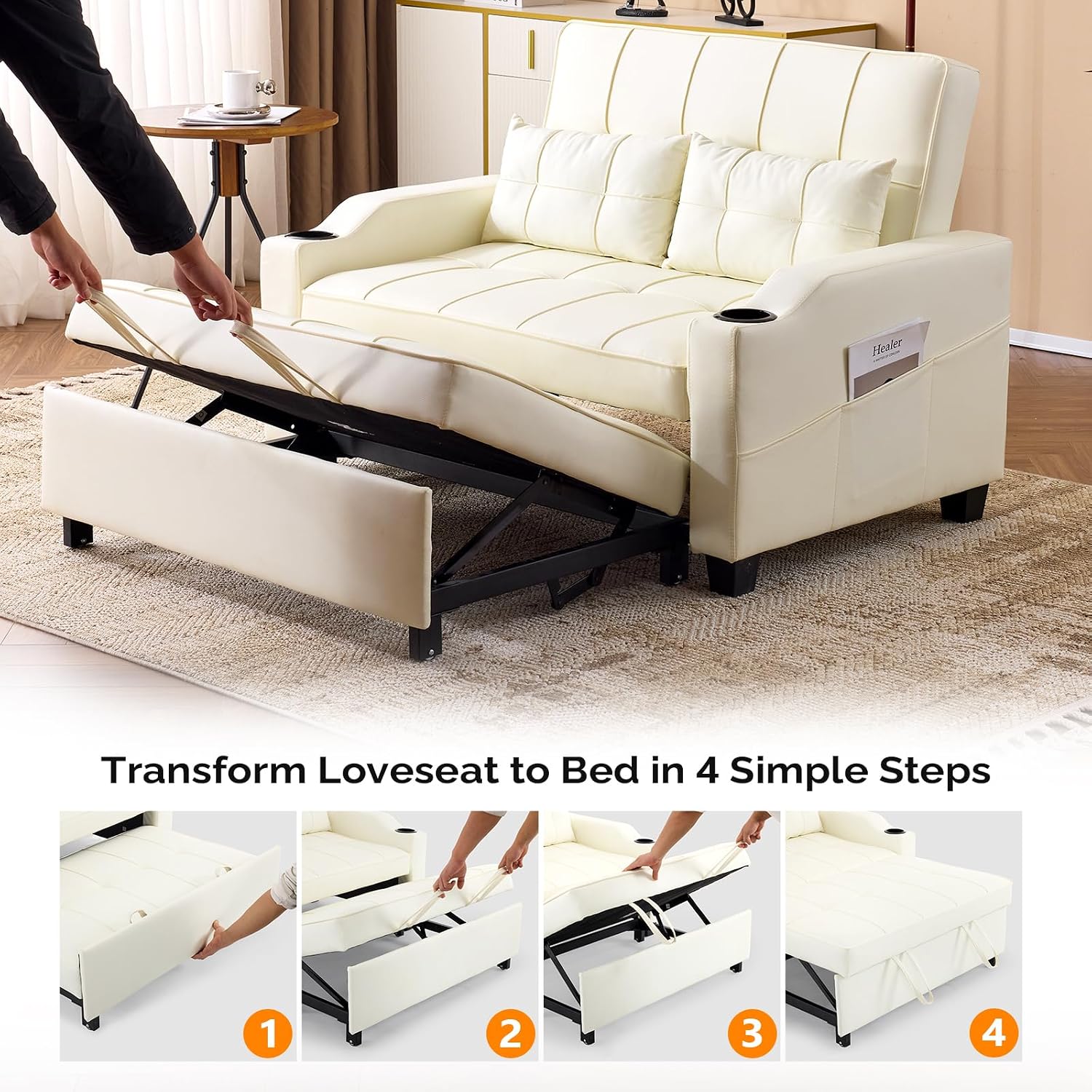 VINGLI Beige Loveseat Sleeper Sofa, Convertible Futon Sofa Bed Pullout Couch Bed with USB Ports, Cup Holders, Armrest for Living Room, Bedroom, Home Office Apartment