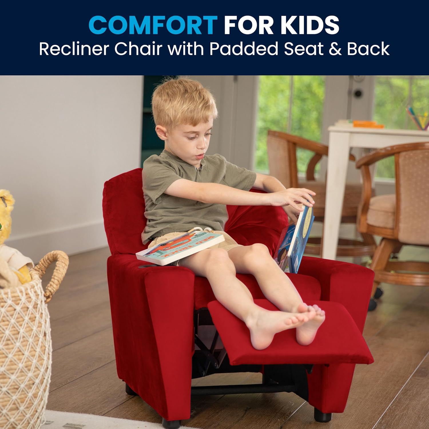Flash Furniture Chandler Microfiber Kids Recliner with Cup Holder and Safety Recline, Contemporary Reclining Chair for Kids, Supports up to 90 lbs., Red