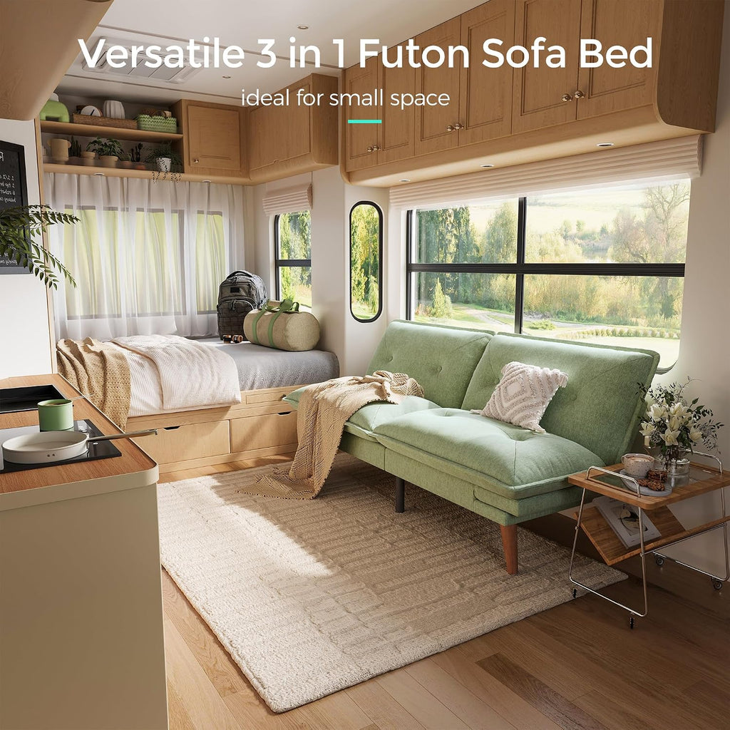 LINSY HOME Futon Sofa Bed, 70' Chenille Futon Couch with Adjustable Backrest Armrest, 3 in 1 Convertible Comfy Loveseat Sleeper Sofa Bed for Small Spaces Dorm Room Apartment Home Office, Light Green