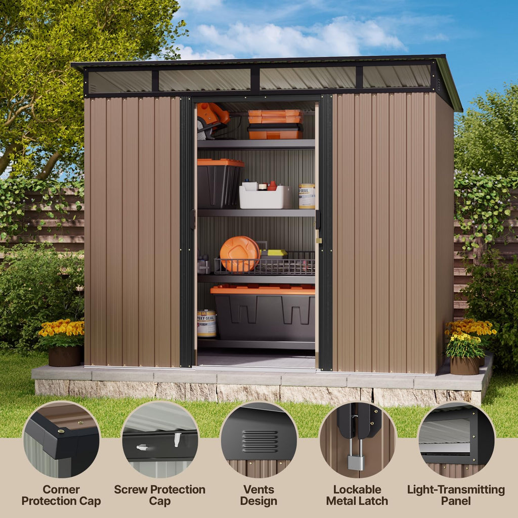 Gizoon 7.4'x5.3' Outdoor Storage Shed Metal Garden Shed with Sliding Lockable Doors, Versatile Tool Bike Shed with Transparent Panel Windows, Outdoor Storage Clearance for Backyard, Patio, Light Brown