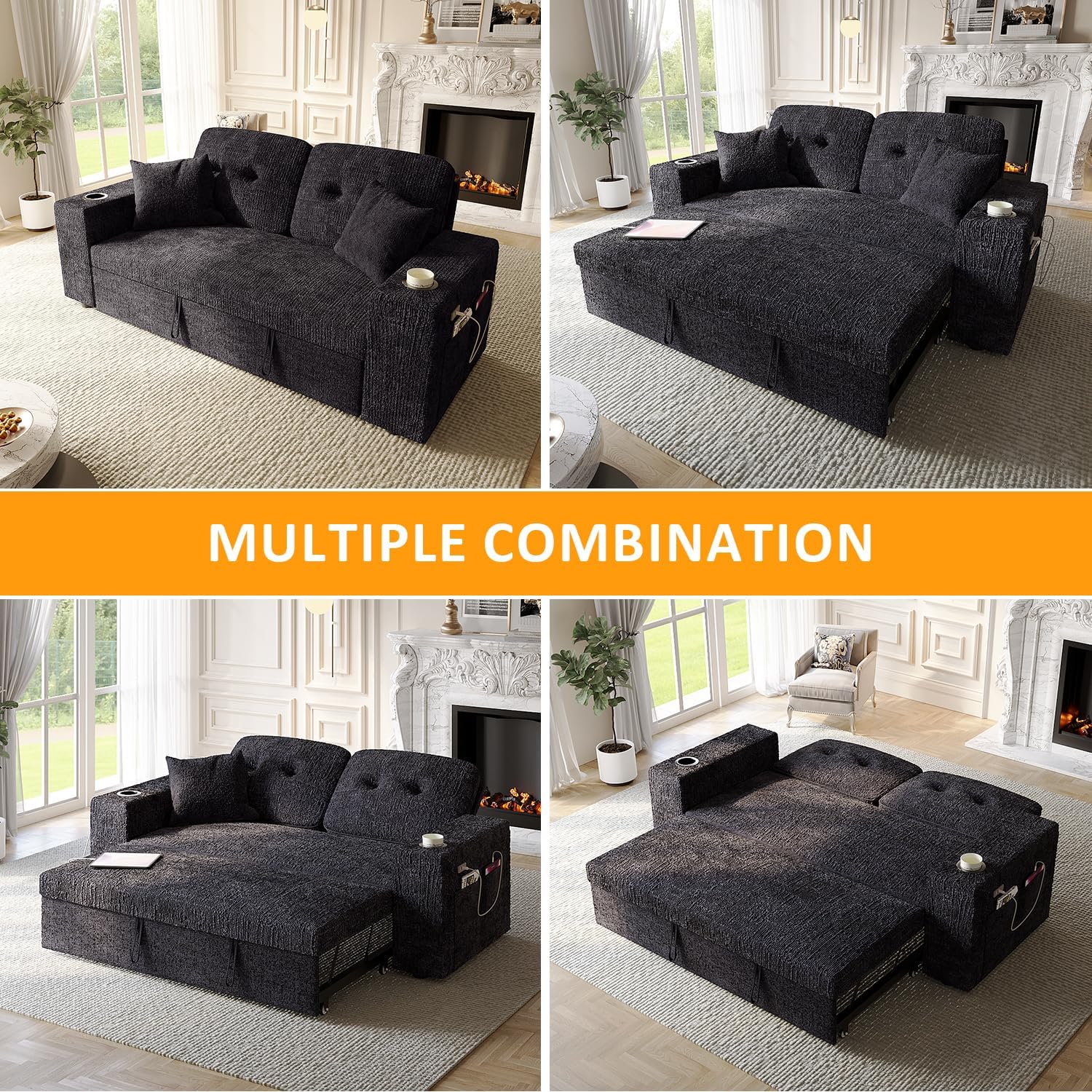 63 Inch Sleeper Sofa Bed, 4 in 1 Pull Out Couch Bed with Adjustable Backrest, Small Loveseat with Wide Armrest | USB Charging | Side Pockets | Cup Holders | Tool Free Assembly, Luxury Black