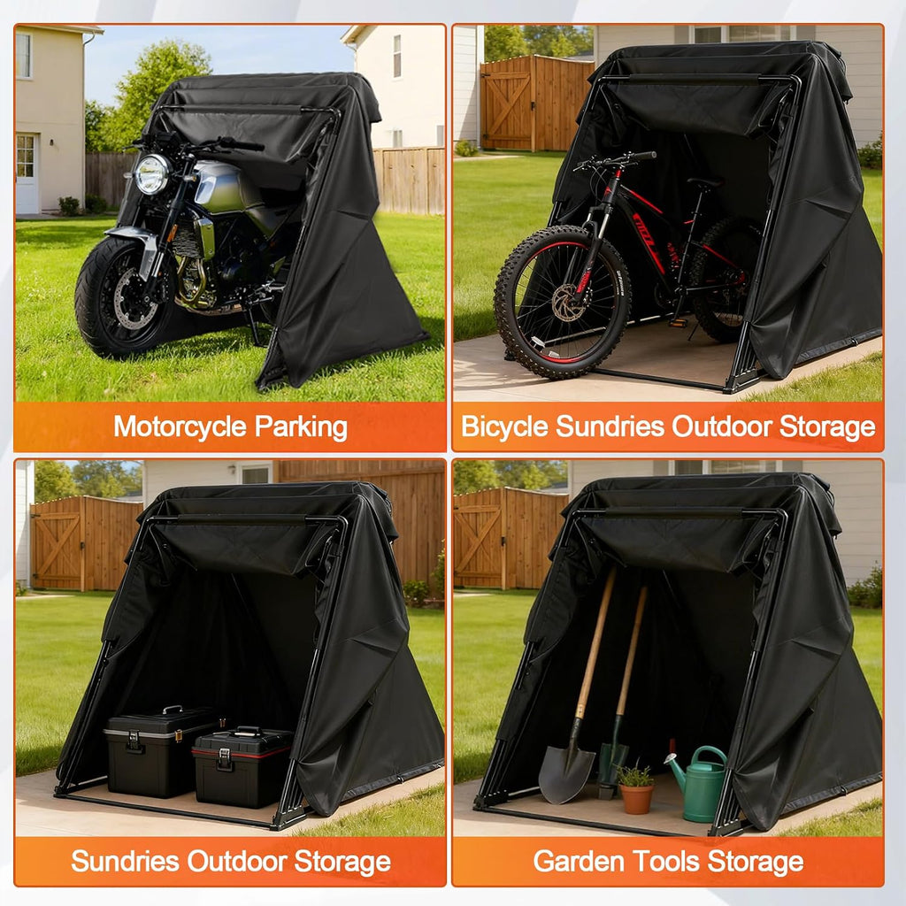 Motorcycle Cover Shelter Storage, 110' x 47' x 63', with Lock & Carry Bag, Heavy Duty 600D Oxford Vehicle Shed Cover Garage Tent with 2 Roll-Up Side Windows - Black