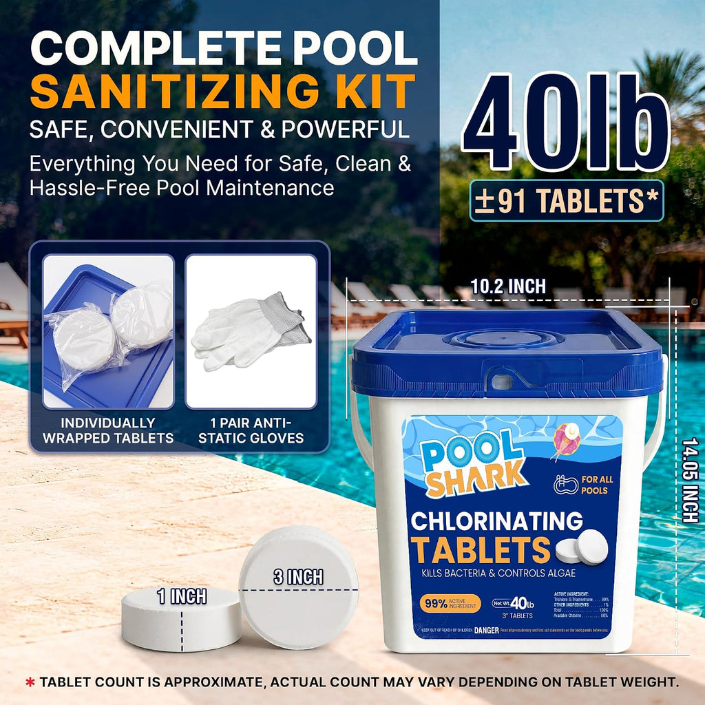Pool Shark Swimming Pool Chlorine Tablets | 40 lbs | 3-Inch Chlorine Tablets | Slow-Dissolving 90% Active Chlorine Tabs | Pool Chemicals for Inground Pools, Above Ground Pools, Saltwater, Spa, Hot Tub