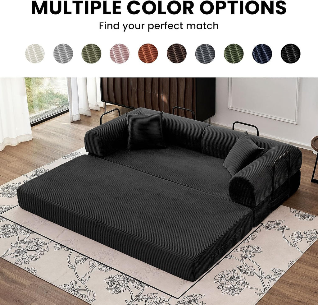 79'' Convertible Sofa Bed, 5-in-1 Folding Boneless Couch, Pull Out Floor Sleeper, Modular Lounge Sofa for Living Room Bedroom, Multi-Function Foldable Sofa (Black)