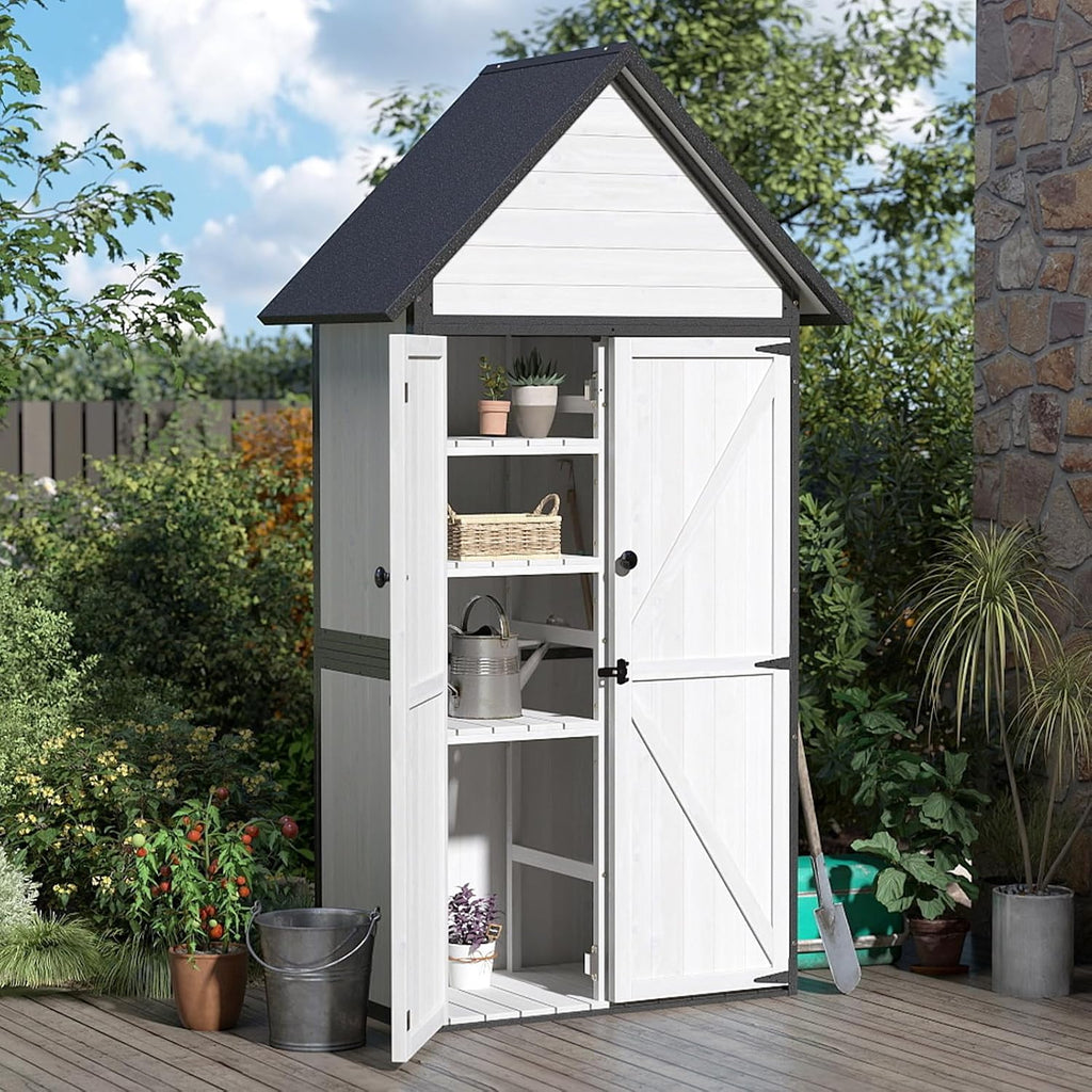 Outdoor Storage Shed with Sloped Roof - Heavy-Duty Metal & Wood Garden Cabinet, Adjustable Shelves, Large Capacity Waterproof Design for Patio, Garage, Backyard (Off White)