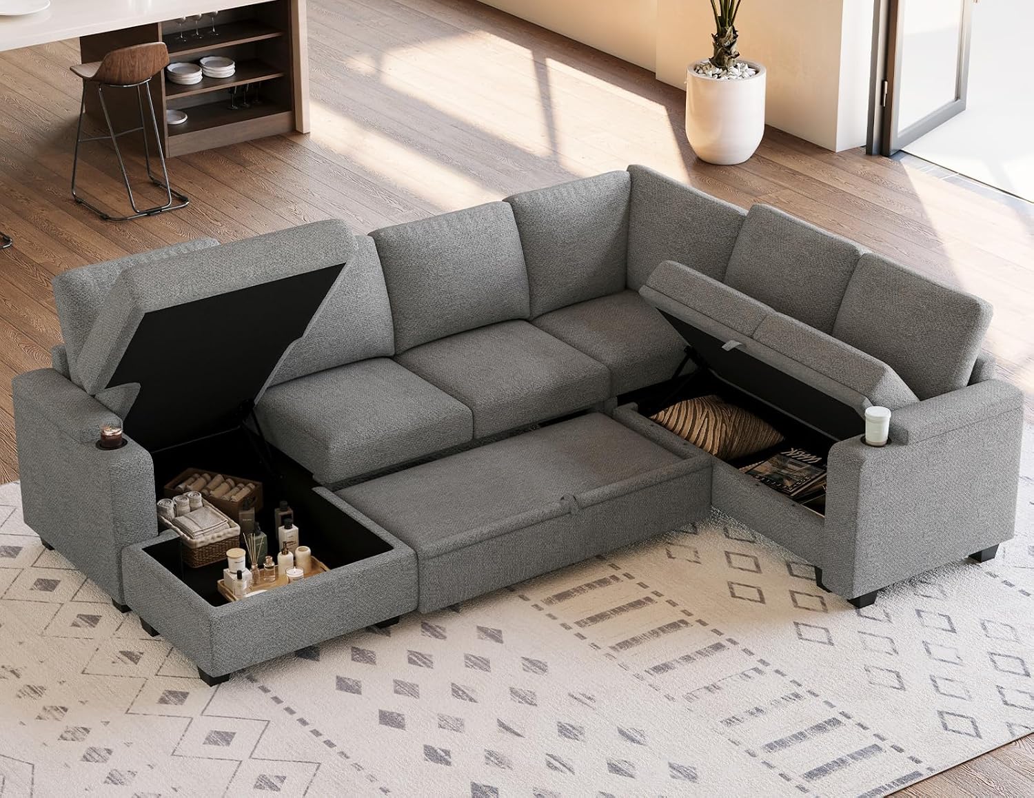 Belffin Sleeper Sofa Modular Sectional Pull Out Couch Bed U Shaped Sofa Couch for Living Room with Storage Chaise. Light Gery