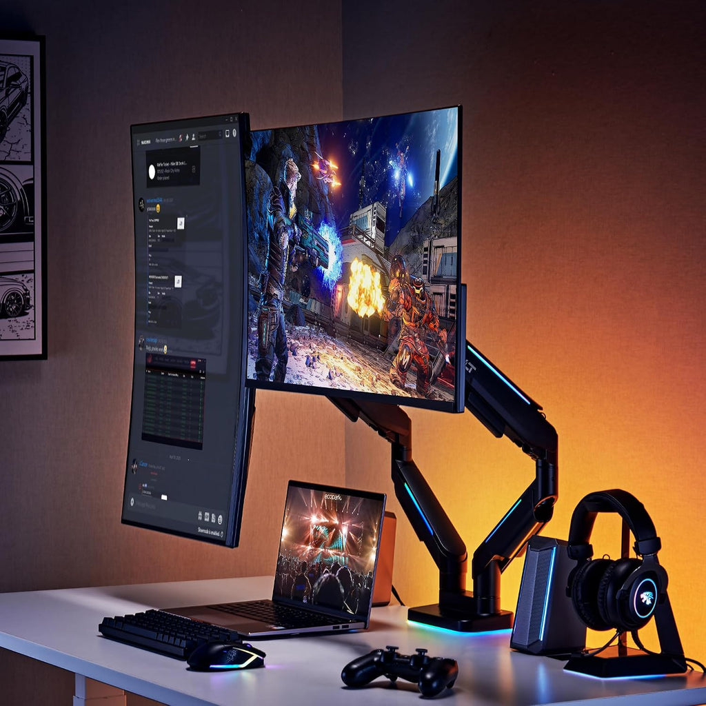 AVLT RGB Lights Dual 17'-43' Gaming Monitor Arm Desk Mount, Fits Two Flat/Curved/Ultrawide Screen up to 44lbs(20kg), Height Swivel Tilt Adjustable Stand - Black