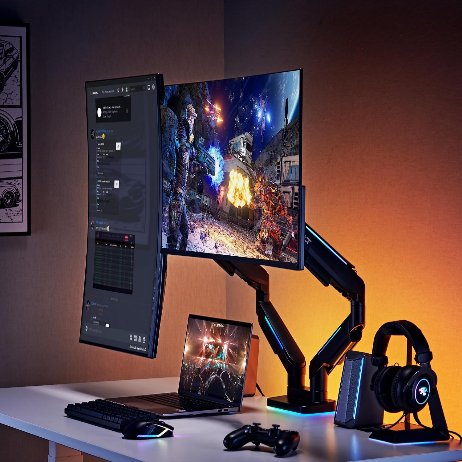 AVLT RGB Lights Dual 17'-43' Gaming Monitor Arm Desk Mount, Fits Two Flat/Curved/Ultrawide Screen up to 44lbs(20kg), Height Swivel Tilt Adjustable Stand - Black
