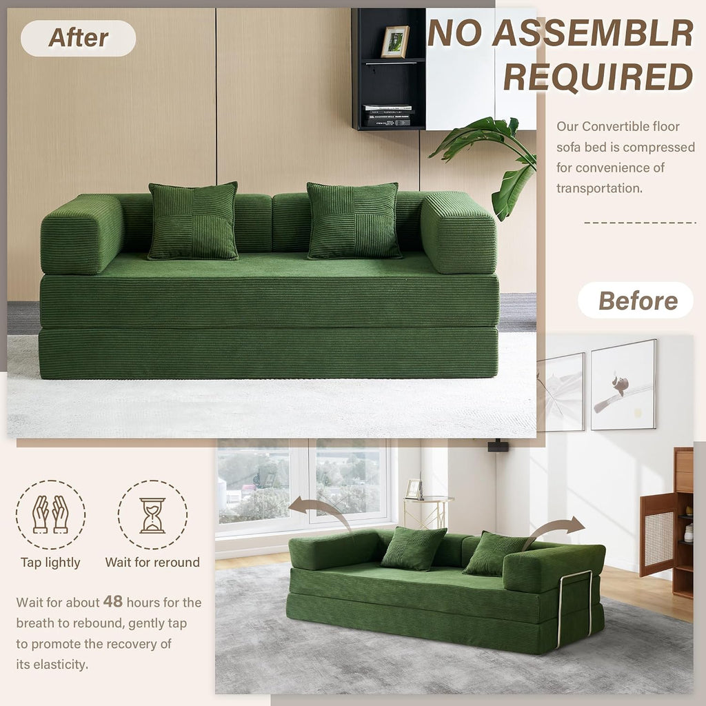 YINIX Foldable Sofa Bed, 78'' Folding Floor Couch, Compressed Convertable Sleeper Sofa, Memory Foam Couch with Pillow Back Support Armrest, 4-in-1 Futon Sofa Bed for Living Room, Green