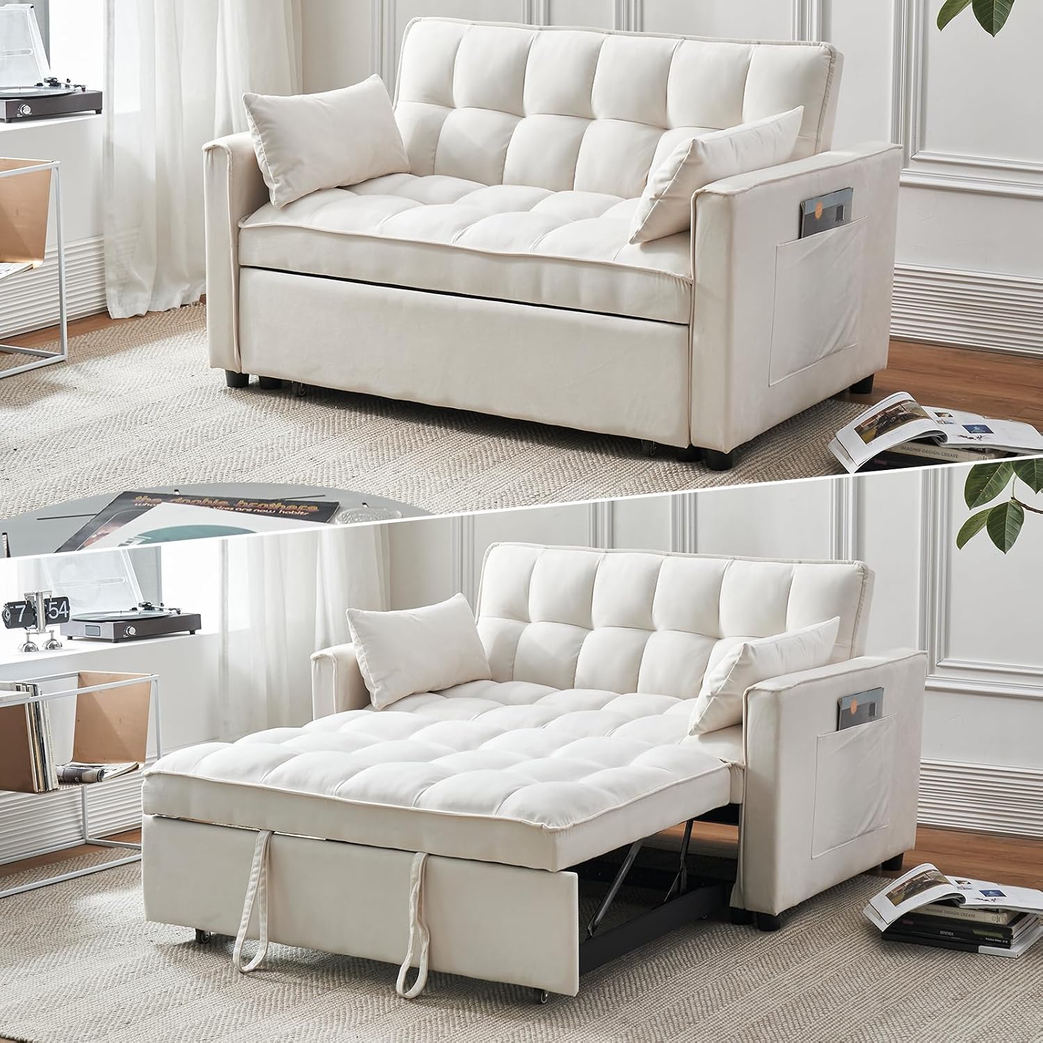 3-in-1 Convertible Sleeper Sofa Bed, Premium Velvet Pull Out Loveseat with Storage Pocket and 2 Pillows, Modern Tufted Couch for Small Spaces, Apartment, Office, Guest Room, Cream