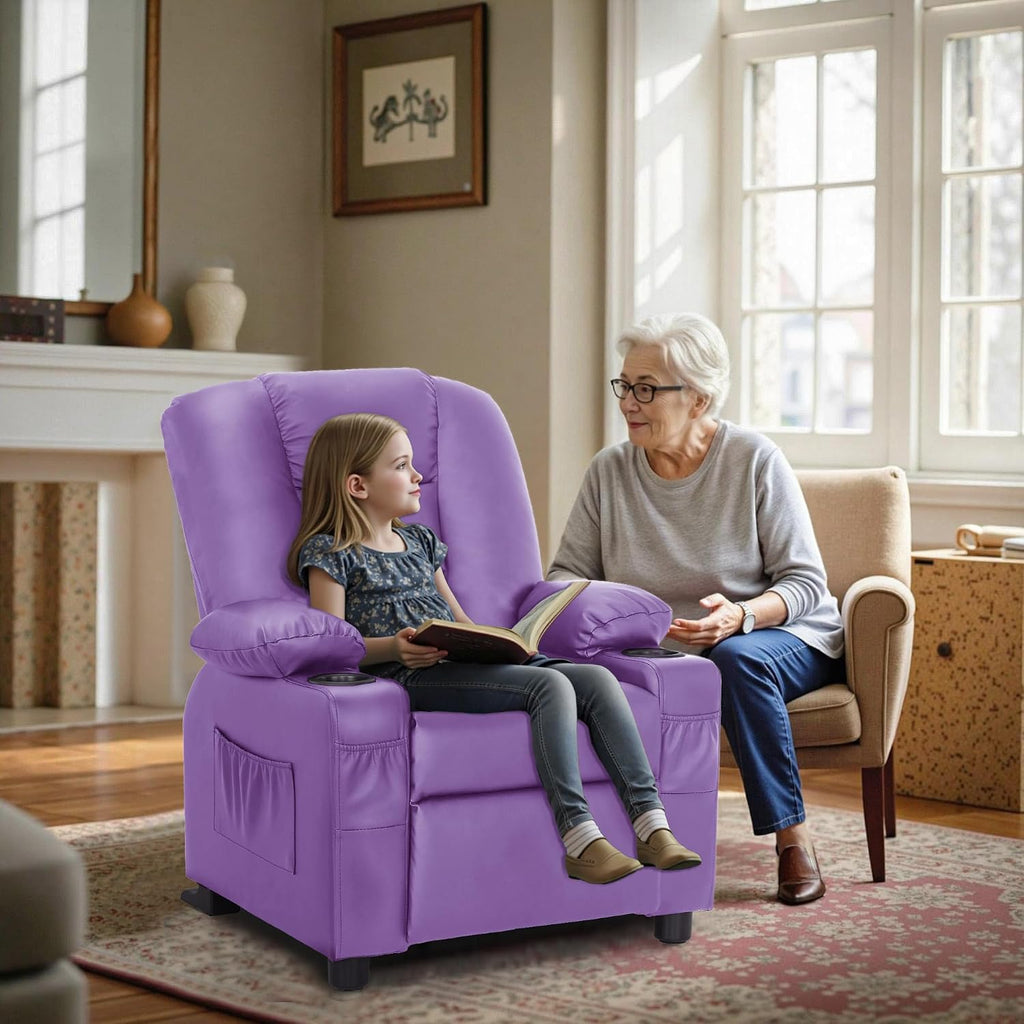 MCombo Big Kids Recliner for Ages 3+, Child Reclining Chair, Toddlers Recliner Sofa with Cup Holders, Faux Leather, 7322(Violet)