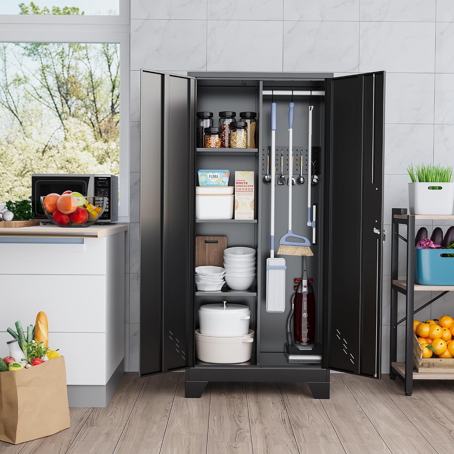 61' Metal Storage Cabinet with Lockable Doors, Cleaning Supply Cabinet with Pegboard and Hanging Rod. Garage Tool Storage Cabinets for Home, Laundry, Office, Home Kitchen Utility Cabinet