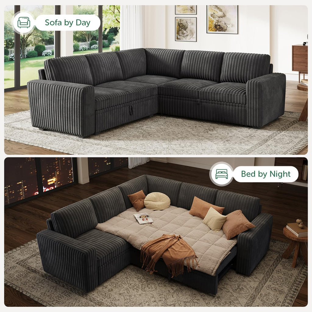 HONBAY Modular Sectional Sleeper Sofa with Pull Out Bed,Corduroy L Shaped Couch with Storage, Sectional Couches for Living Room,Dark Grey