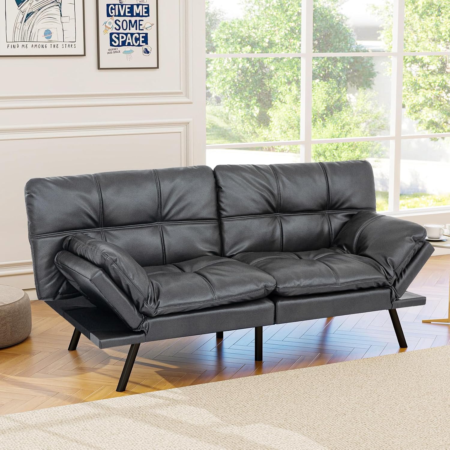 Opoiar Futon Sofa Bed Modern Memory Foam Sleeper Sofa Convertible Couch Adjustable Armrest&Backrest Black Matte Leather Futon for Living Space,Apartment,Office Sofabed