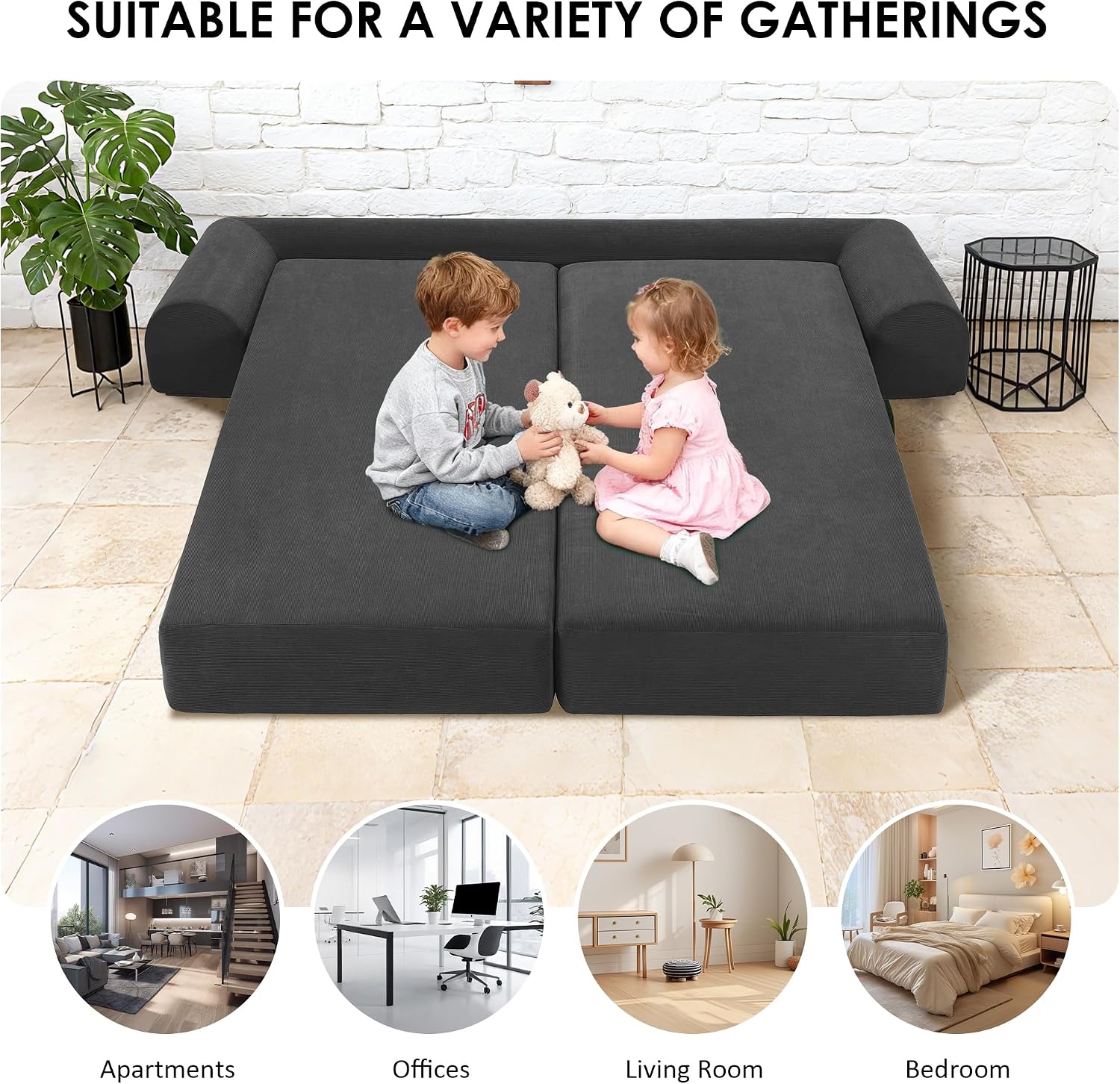 80' Convertible Sofa Bed, Corduroy Deep Seat Folding Pull Out Couch with Pillows, No Assembly Modern Boneless Couch Compression Sofa in Box, Floor Sofa with Storage Pocket for Living Room,Dark Grey