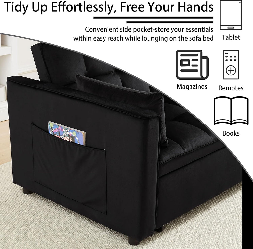 70' 3-in-1 Velvet Sleeper Sofa Bed, Convertible Pull Out Couch w/Adjustable Back, Armrests & Storage. Modern Black Futon for Living Room, Bedroom, Small Space - 2 Pillows Included Black
