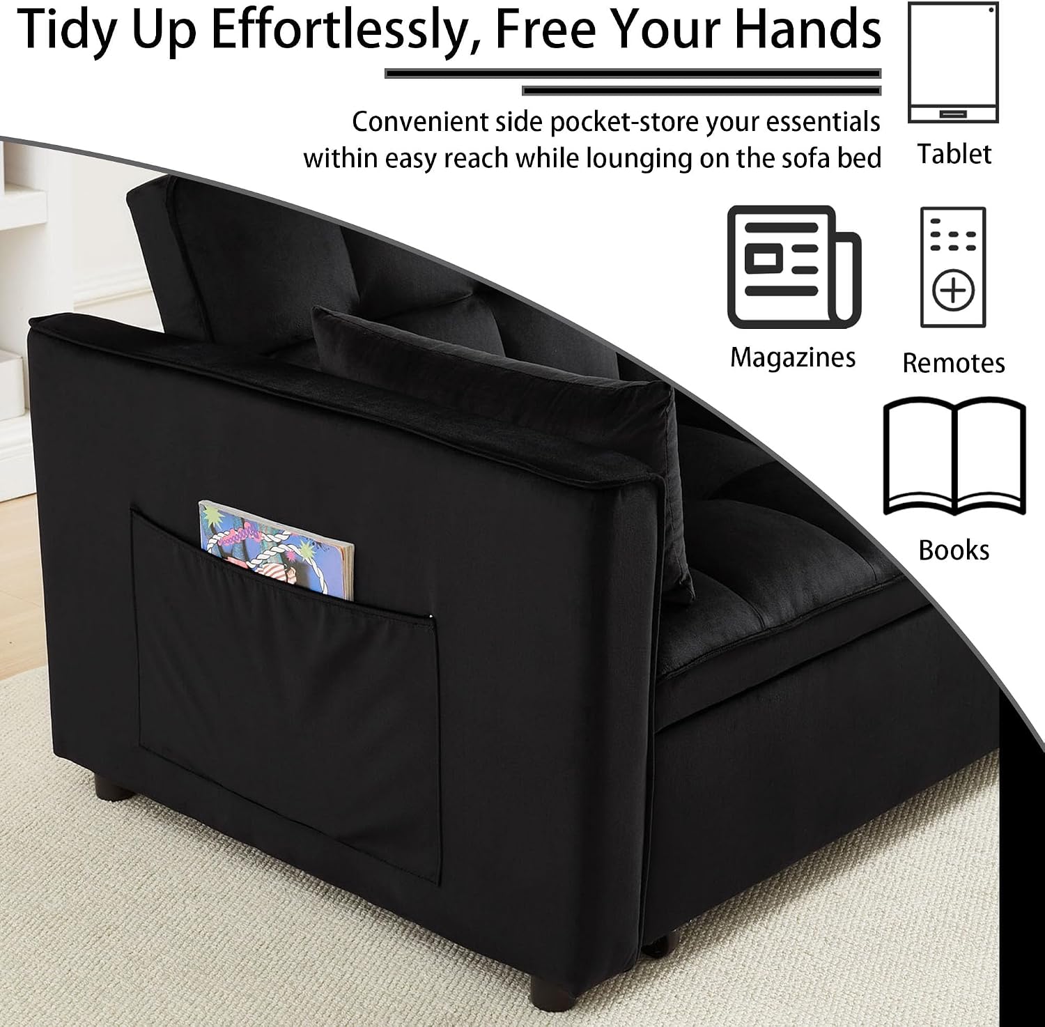 70' 3-in-1 Velvet Sleeper Sofa Bed, Convertible Pull Out Couch w/Adjustable Back, Armrests & Storage. Modern Black Futon for Living Room, Bedroom, Small Space - 2 Pillows Included Black