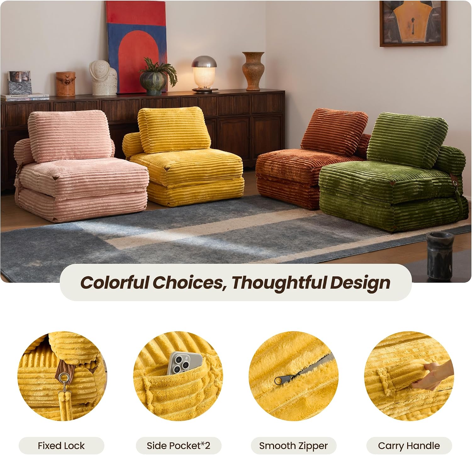 ovios Folding Sofa Bed, Foldable Sleeper Chair Floor Futon, Comfy Portable Convertible Fold Out Lounge Chairs for Living Room Bedroom, Yellow
