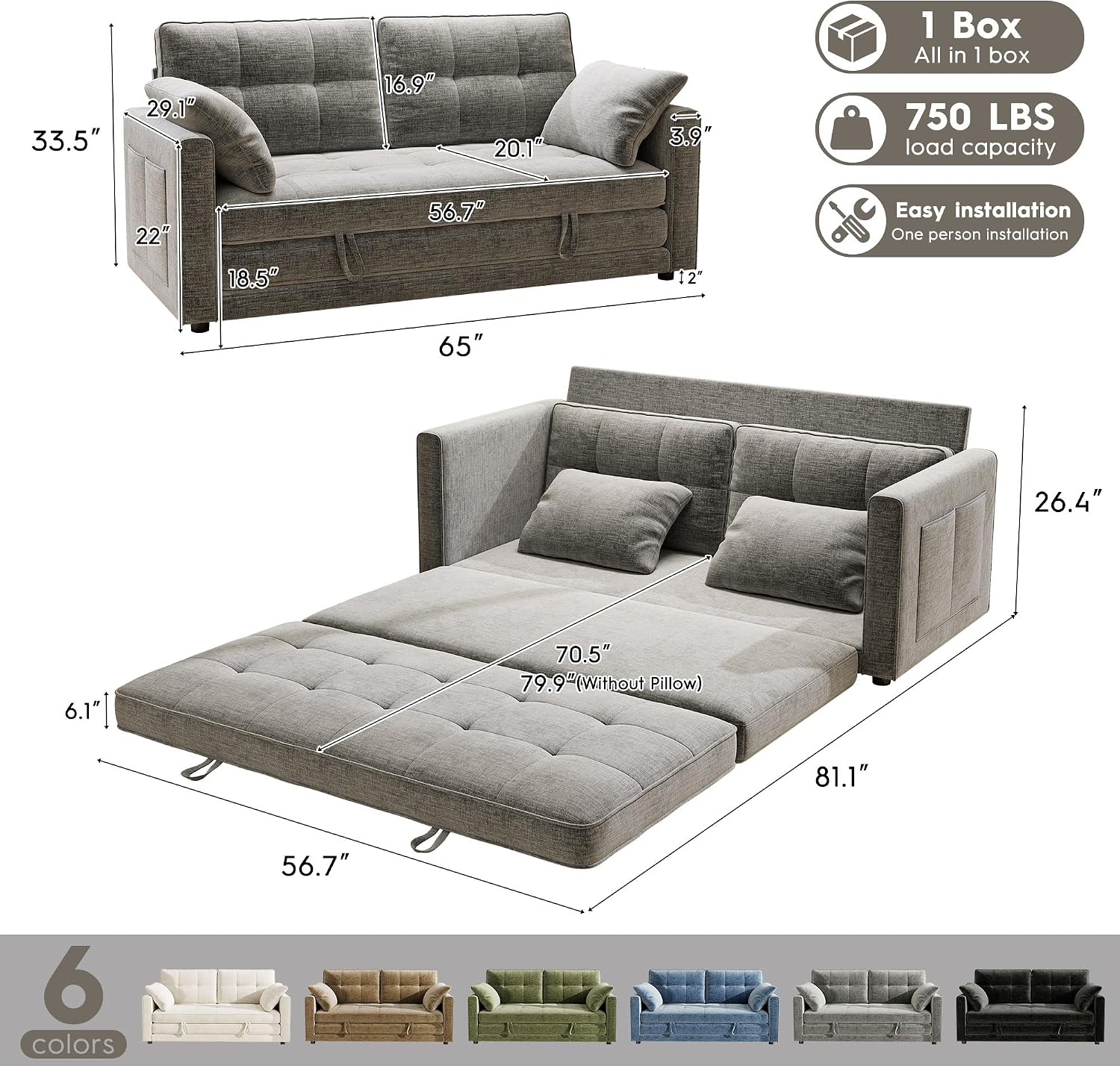 Urhanherry 65' Convertible Folding Sofa Bed, Pull Out Couch Love Seat Sleeper Bed, Small Fold Out Loveseat Sleeper with Removable Arm Pillow for Small Space, Bedroom Lounge, Office, Living Room(Grey)